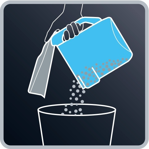 Illustration des Entleerens eines blauen Behälters in einen Mülleimer.