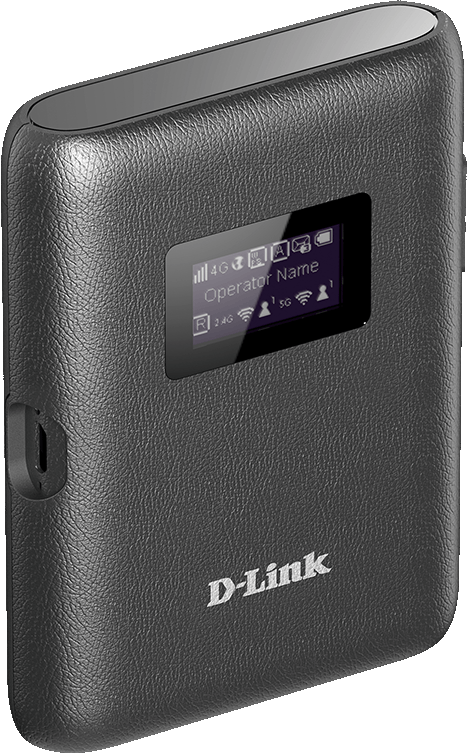 Routeur WiFi portable D-Link noir, avec un petit écran affichant des informations.