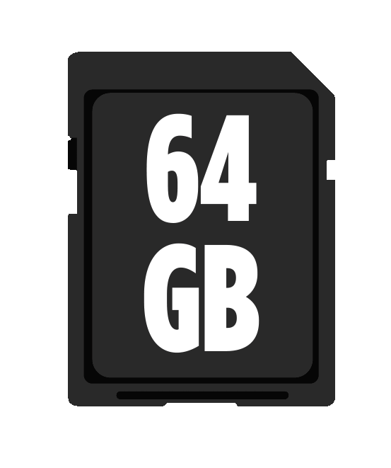 A black 64 GB SD card, standing upright. The text '64 GB' is visible.
