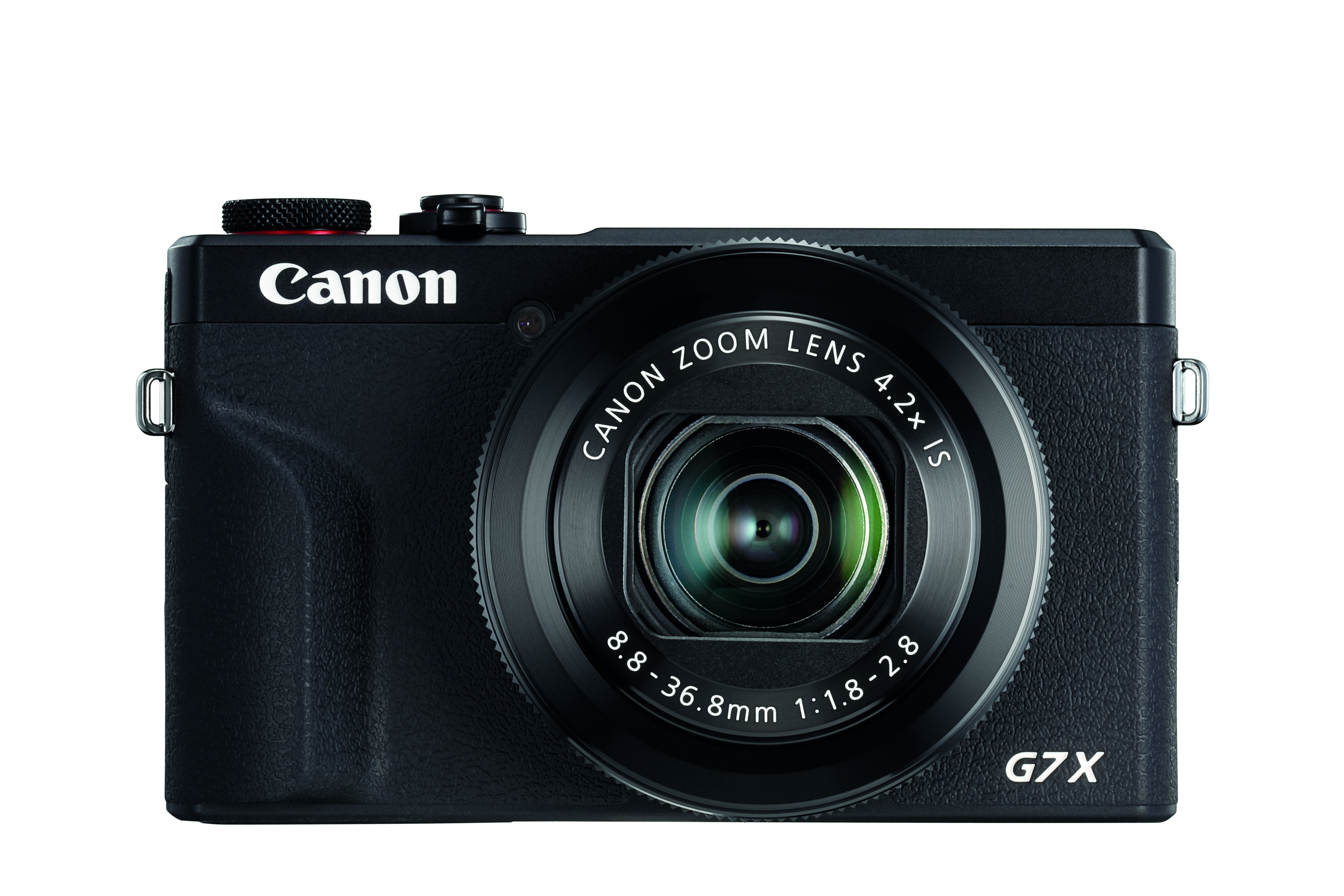 A black Canon G7X camera, front view, isolated on white background.