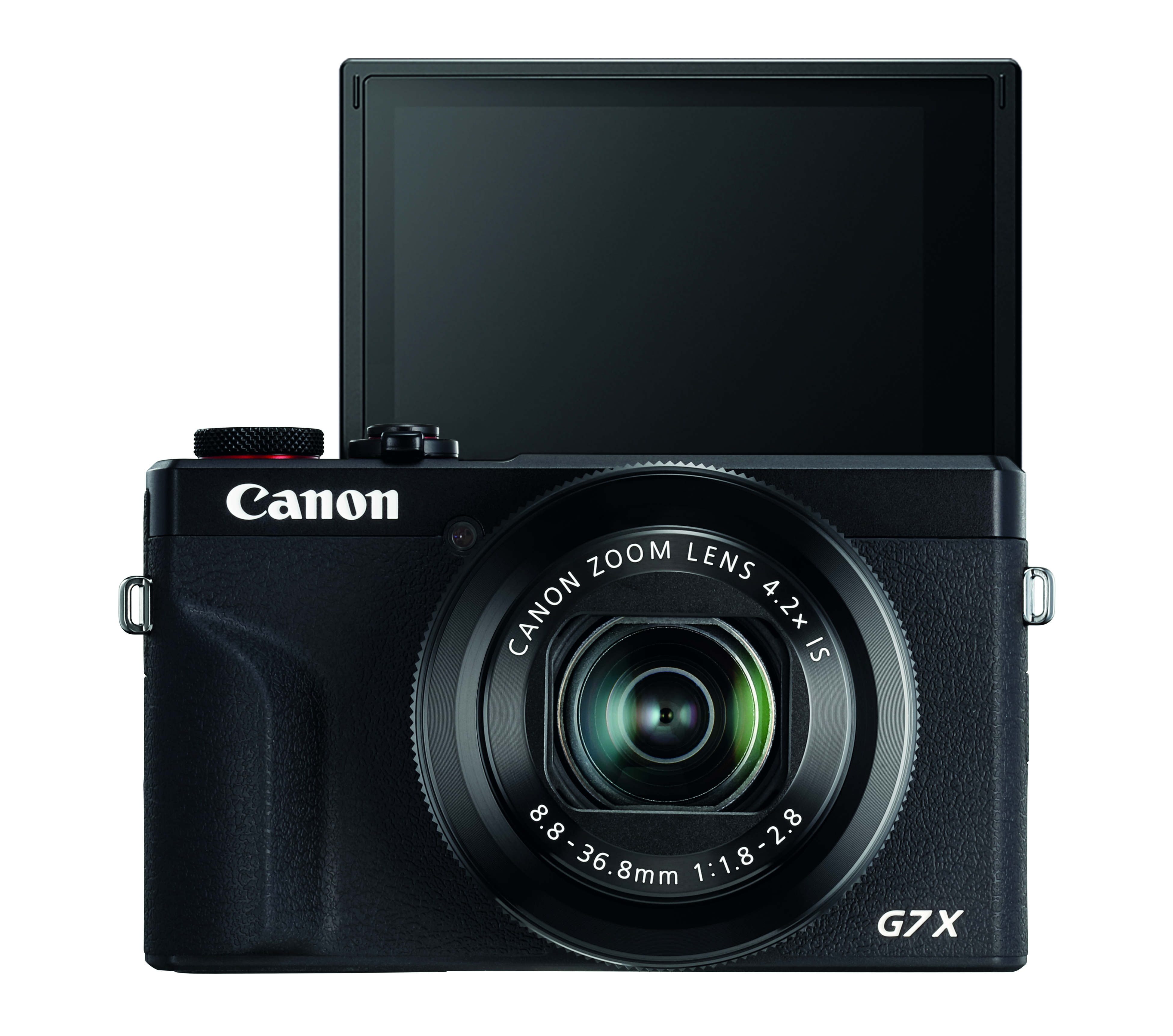 Black Canon G7X camera with zoom lens and flip-up screen. Canon logo is on top. The lens has 4.2x IS zoom.
