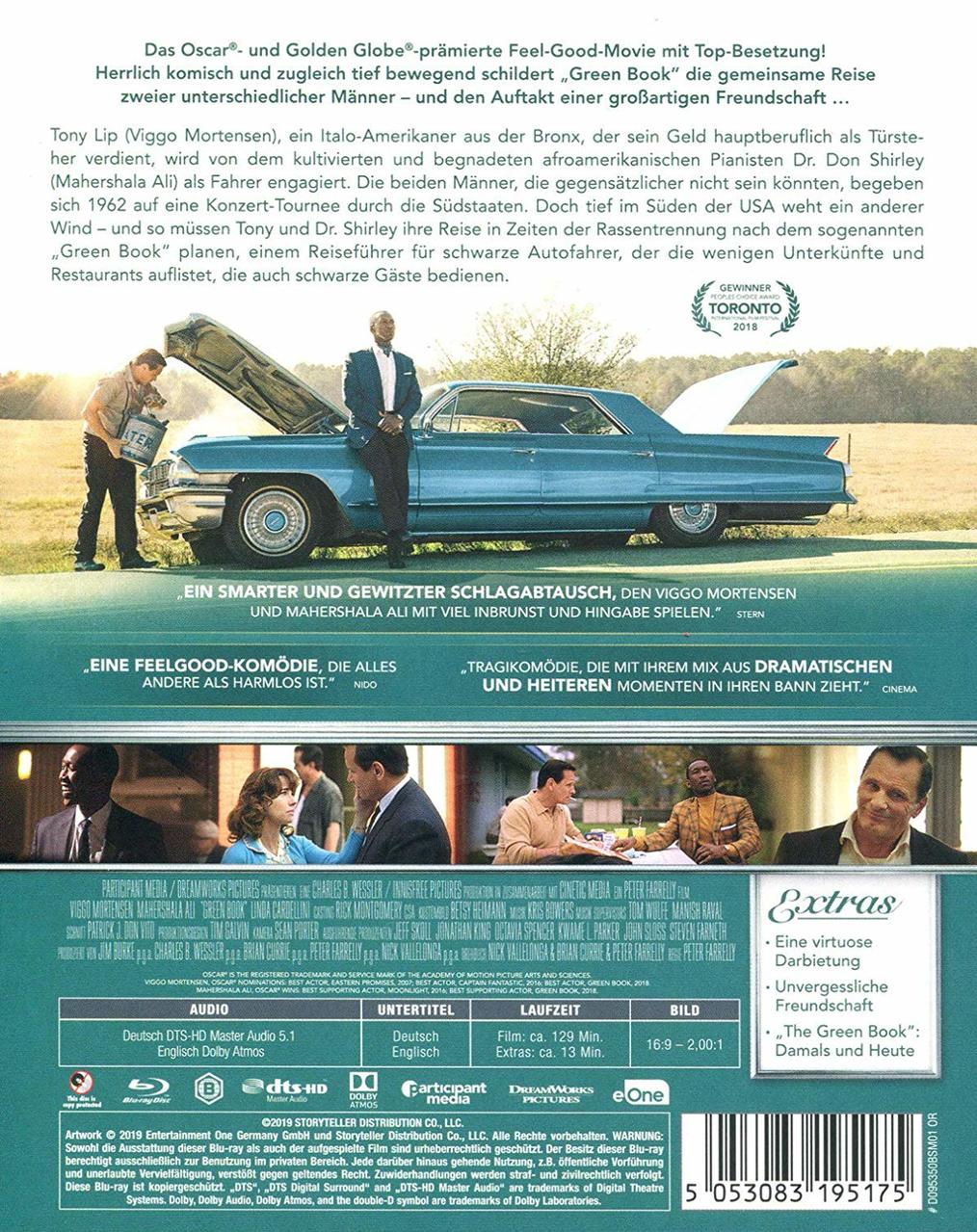 Rückseite der Green Book DVD-Hülle mit Schauspielern und Zusammenfassung.