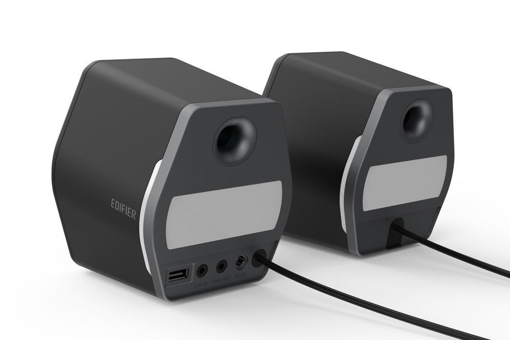 Zwei schwarze Edifier-Lautsprecher mit grauen Akzenten, Rückansicht, auf weißem Hintergrund.