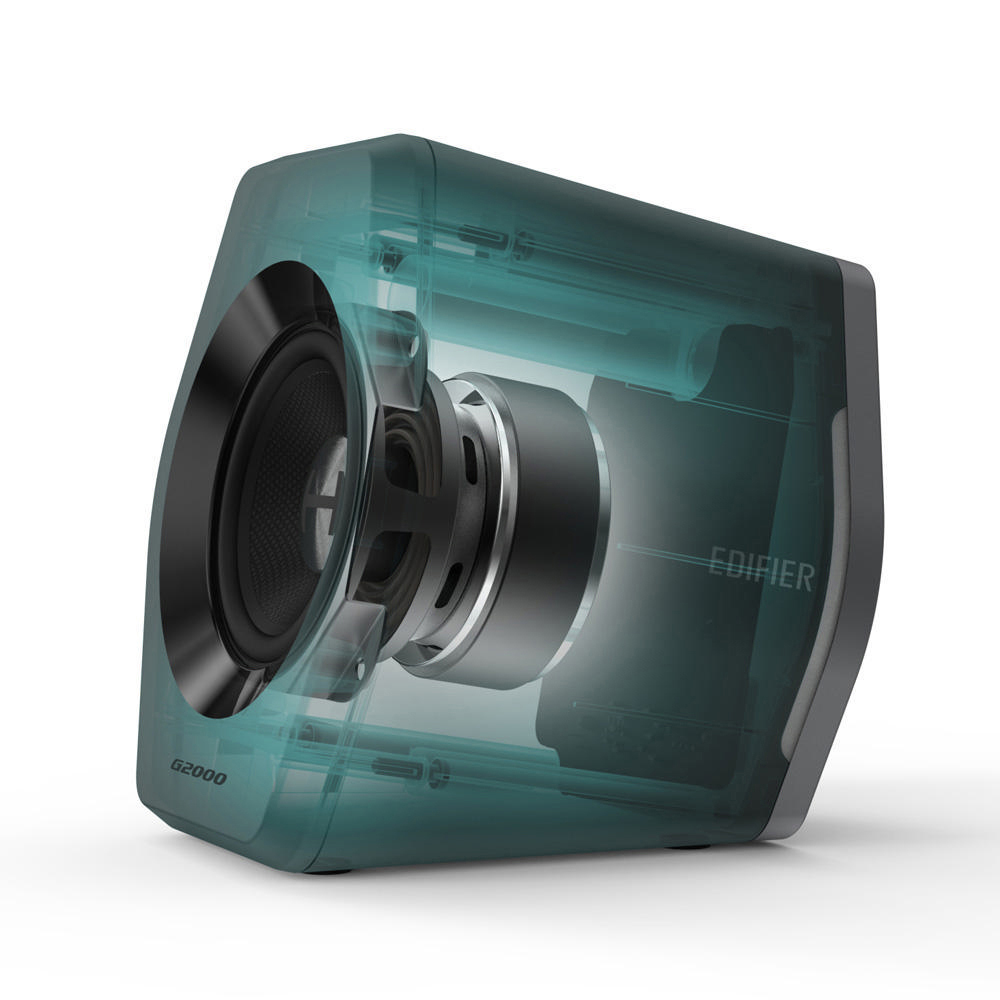 Schnittansicht eines Edifier G2000 Lautsprechers, die interne Komponenten zeigt.