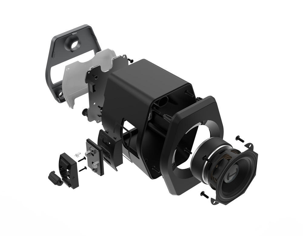 Explosionsansicht eines schwarzen Lautsprechers mit Innenkomponenten.