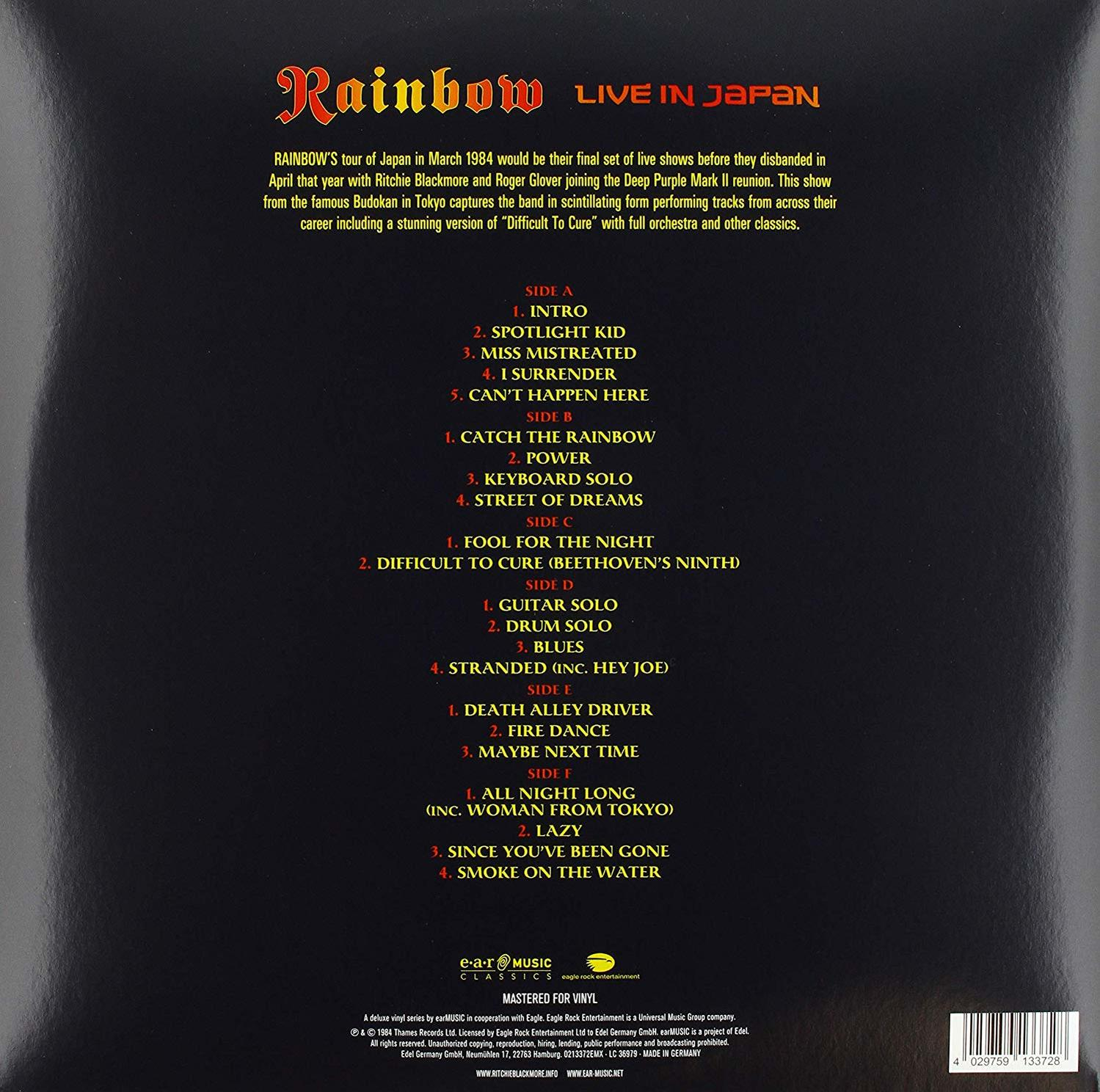 Rückseite eines Musikalbums mit Titellisten und Text, mit Bandlogo.