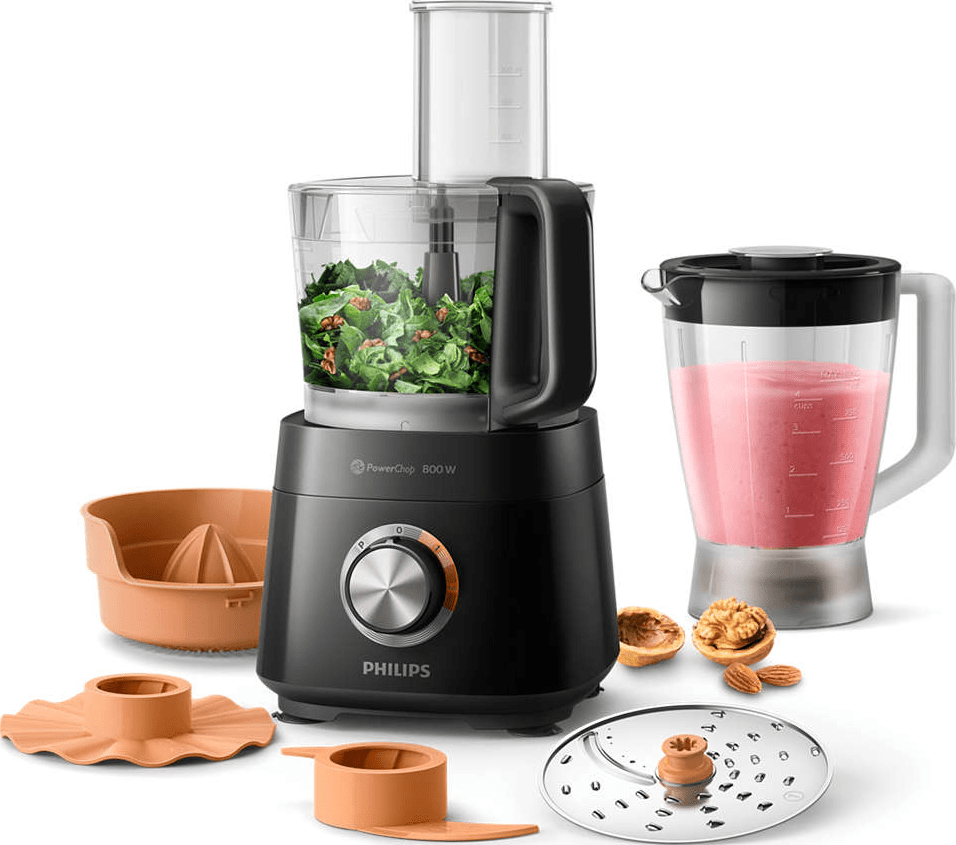 Robot da cucina nero con accessori e ingredienti.