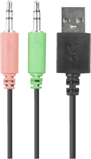 Drei Audiokabel, rosa, grün und schwarz, vor grünem Hintergrund.