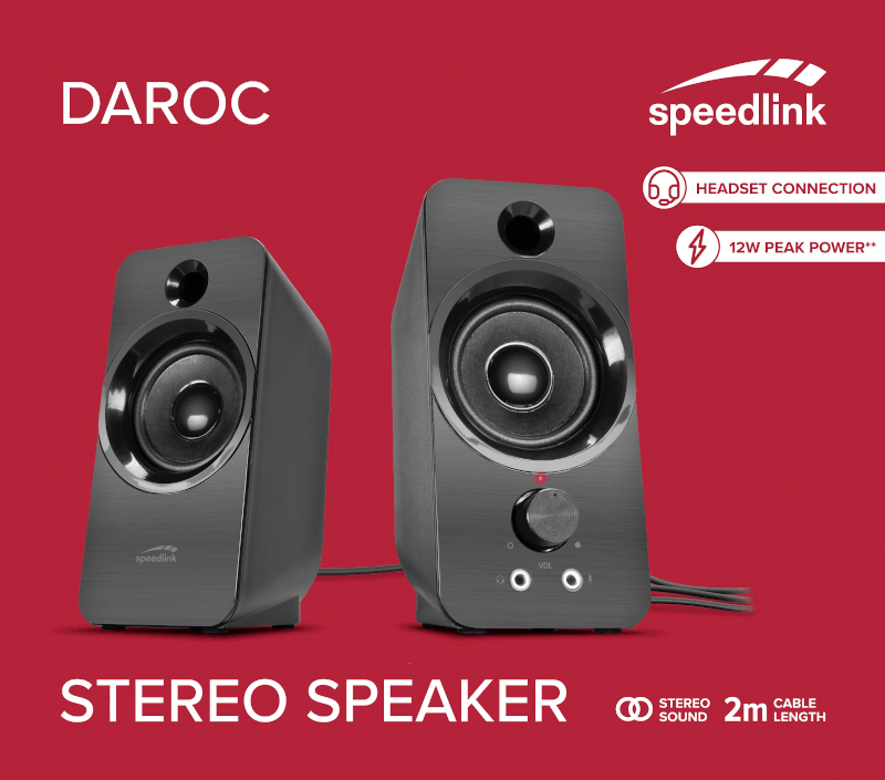 Paar schwarze Speedlink Daroc Stereo-Lautsprecher auf rotem Hintergrund mit weißem Text.