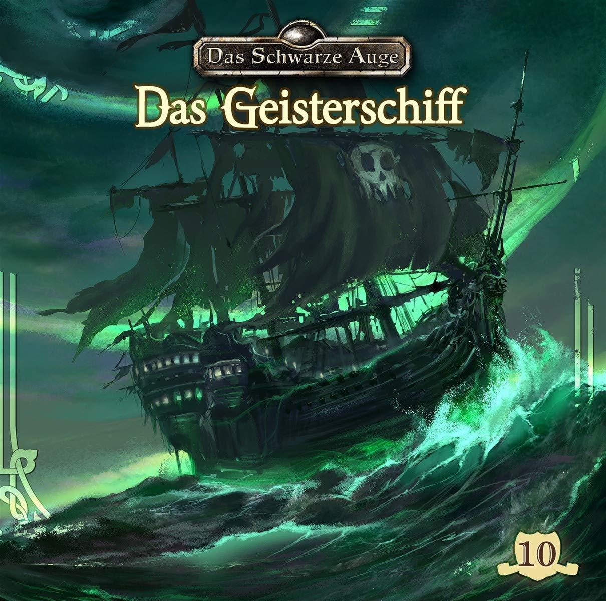 Eine dunkle Illustration eines Geisterschiffs, das auf rauer, grüner See segelt. Dunkler Himmel mit 'Das Geisterschiff'.