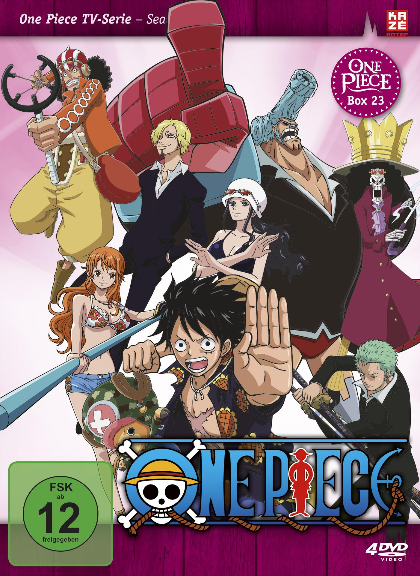 Anime-Cover mit Charakteren. Luffy steht im Mittelpunkt, andere um ihn herum. Titel ist One Piece.