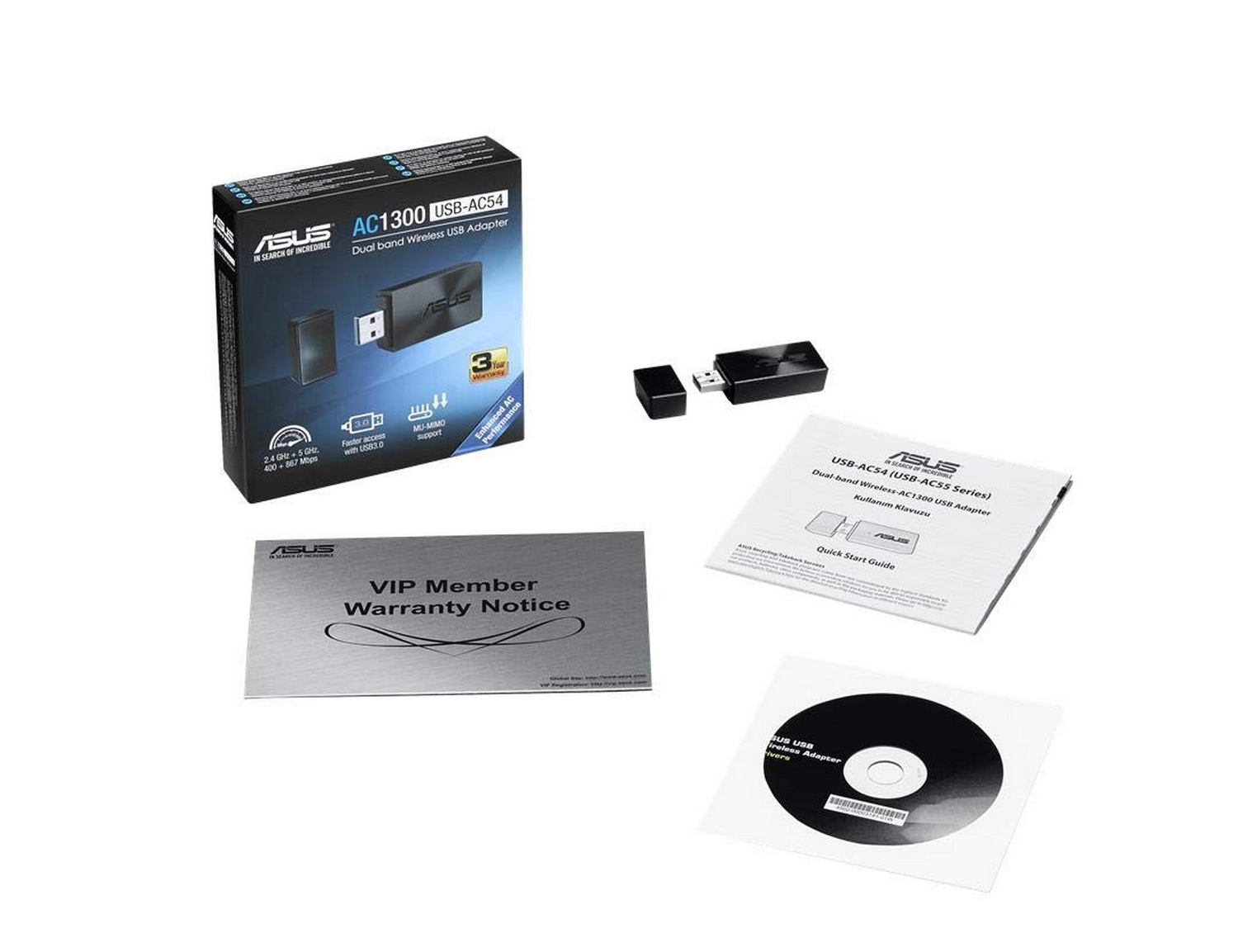 Adaptador WiFi USB - ASUS USB-AC54 B1, Doble Banda, 1300Mbps, MU-MIMO, USB 3.1, Negro