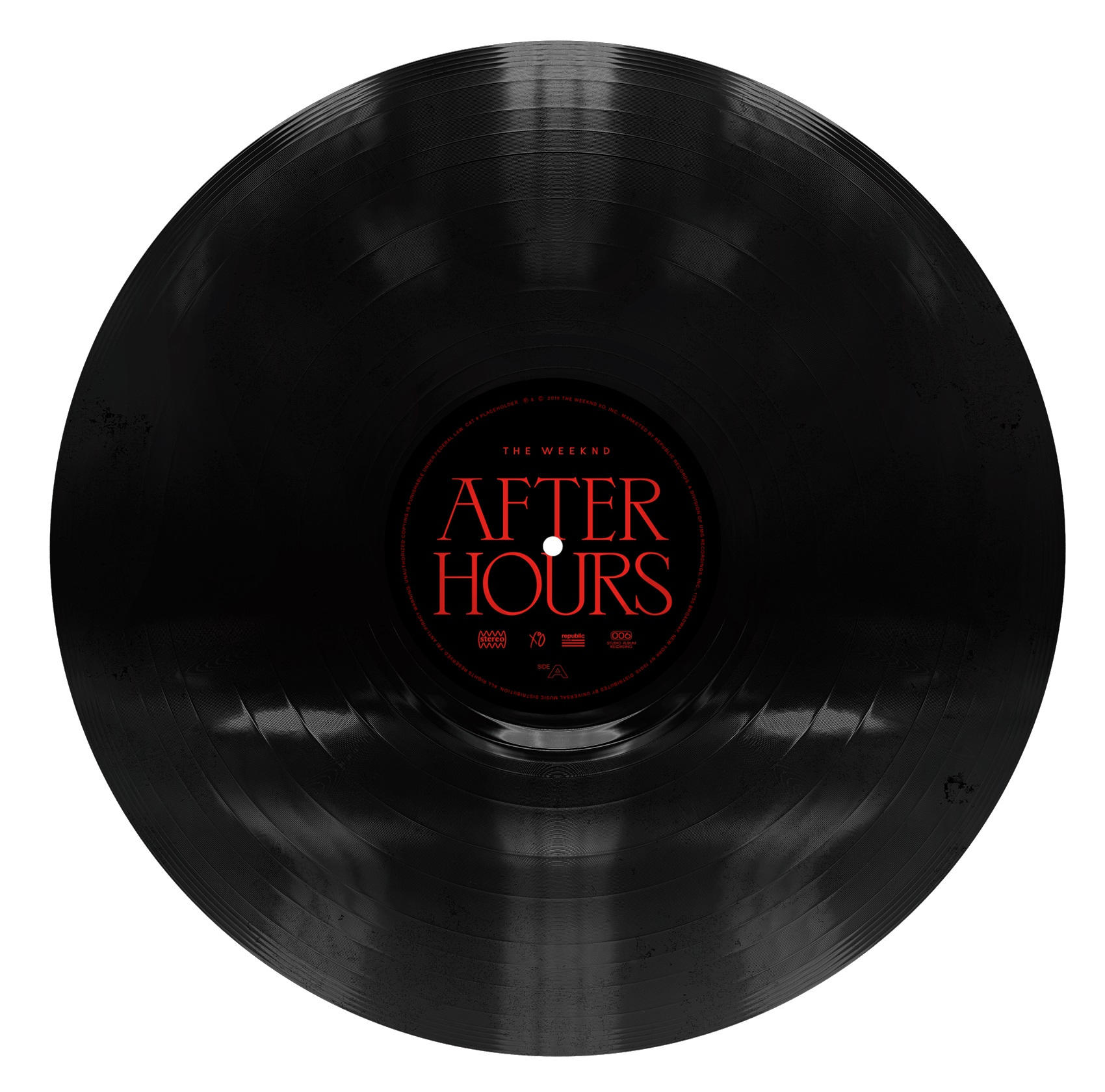 Un disque vinyle noir avec les mots "AFTER HOURS" en rouge, au centre, avec le nom de The Weeknd au-dessus.