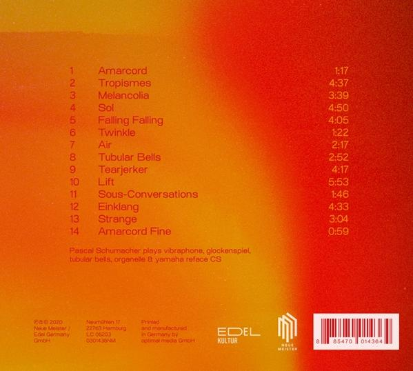 Titelliste auf gelb-orangefarbenem Hintergrund mit weißem Rand. Enthält Songtitel und Spielzeiten.