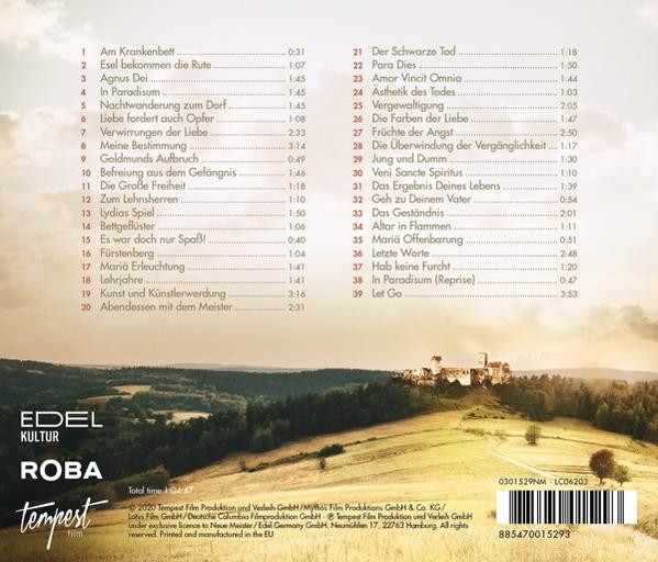 Rückseite einer CD-Hülle mit Titellisten, Landschaftsbild und Text auf Deutsch.