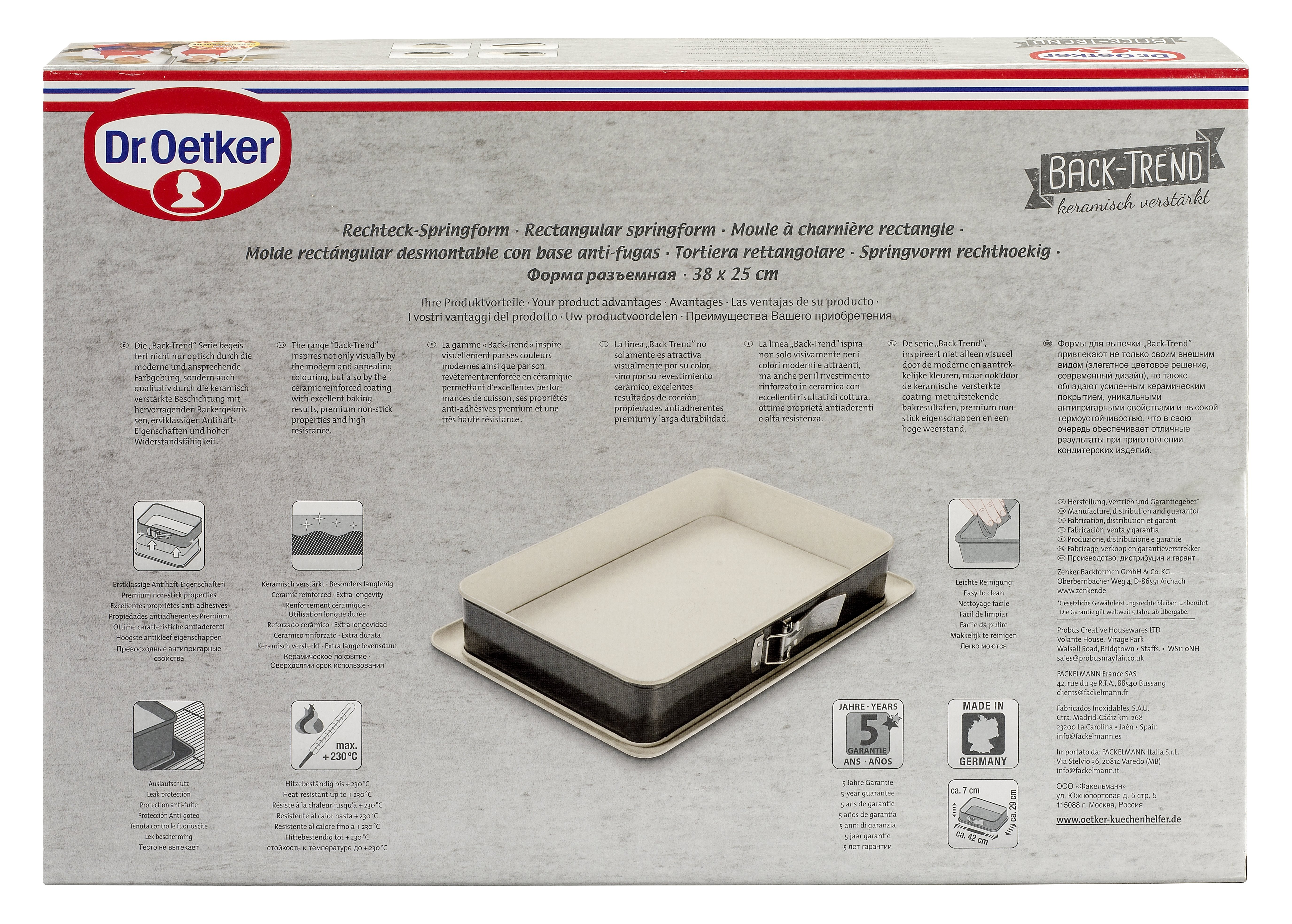 Rückseite der Schachtel mit rechteckiger Springform. Text in mehreren Sprachen, Dr. Oetker Logo, Produktdetails.