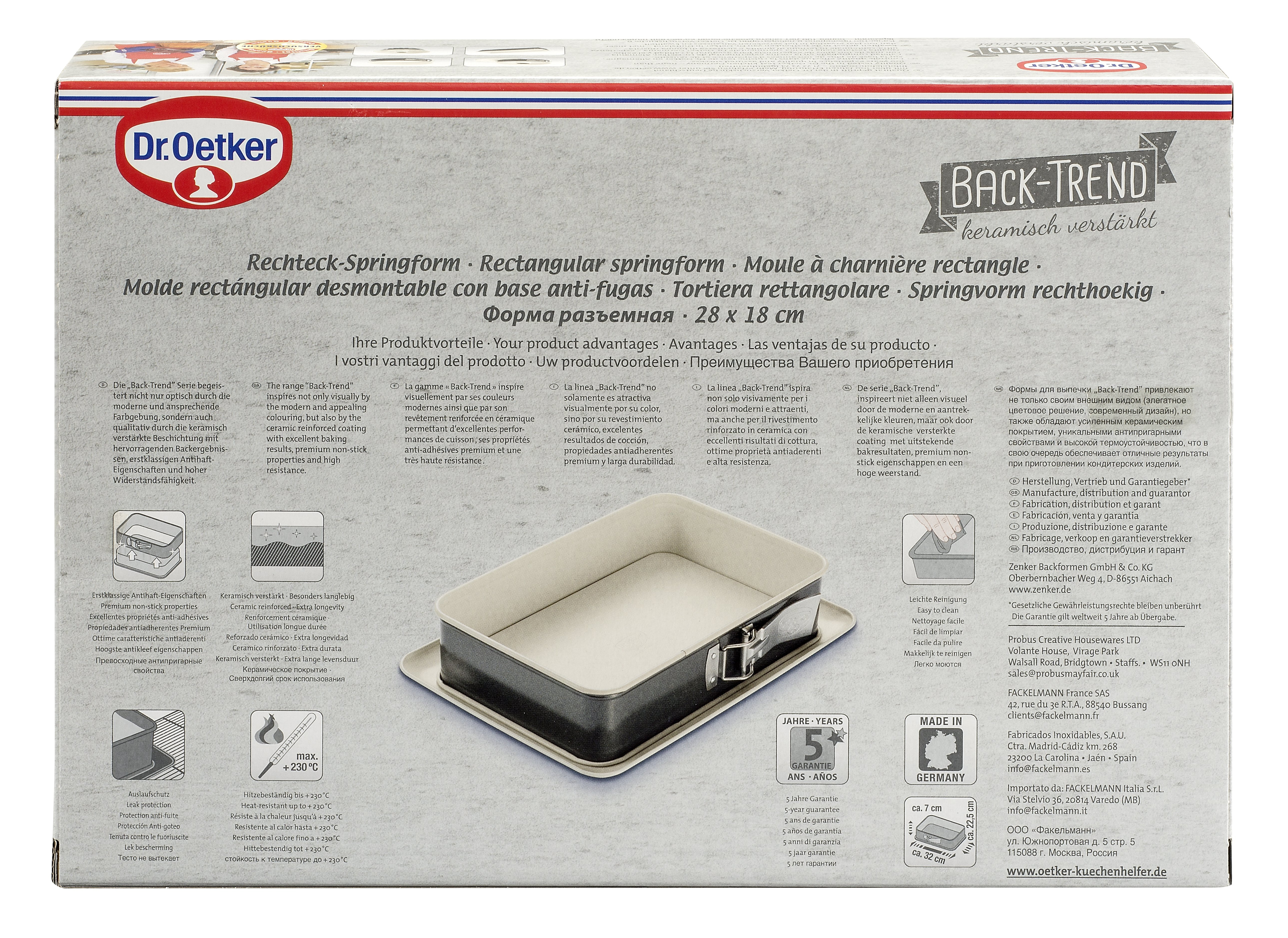 Rückseite einer rechteckigen Backform-Box mit Text und Bildern.