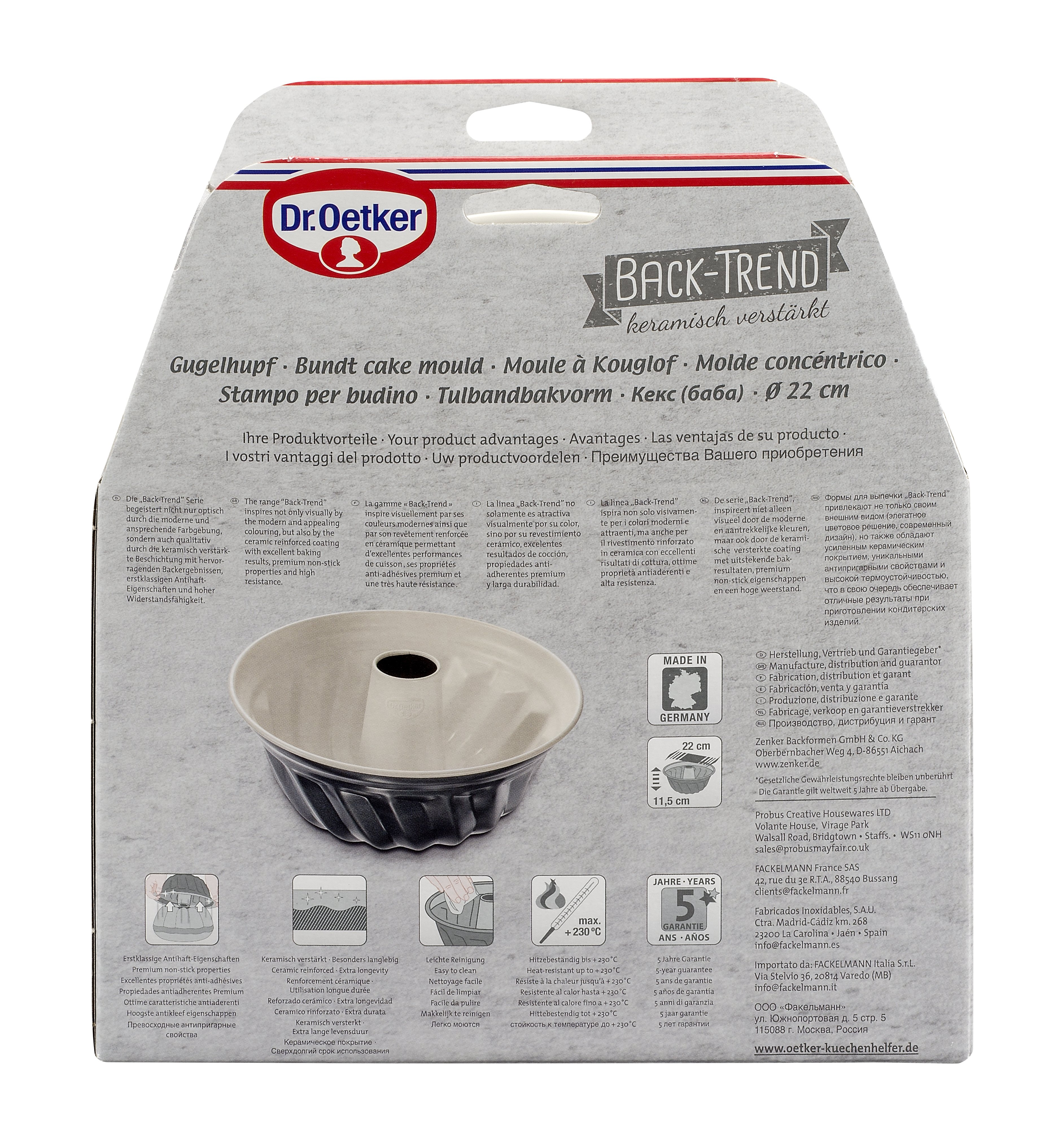 Rückseite der Box mit Gugelhupf-Form. Mehrsprachiger Text, Dr. Oetker Logo, Produktdetails.