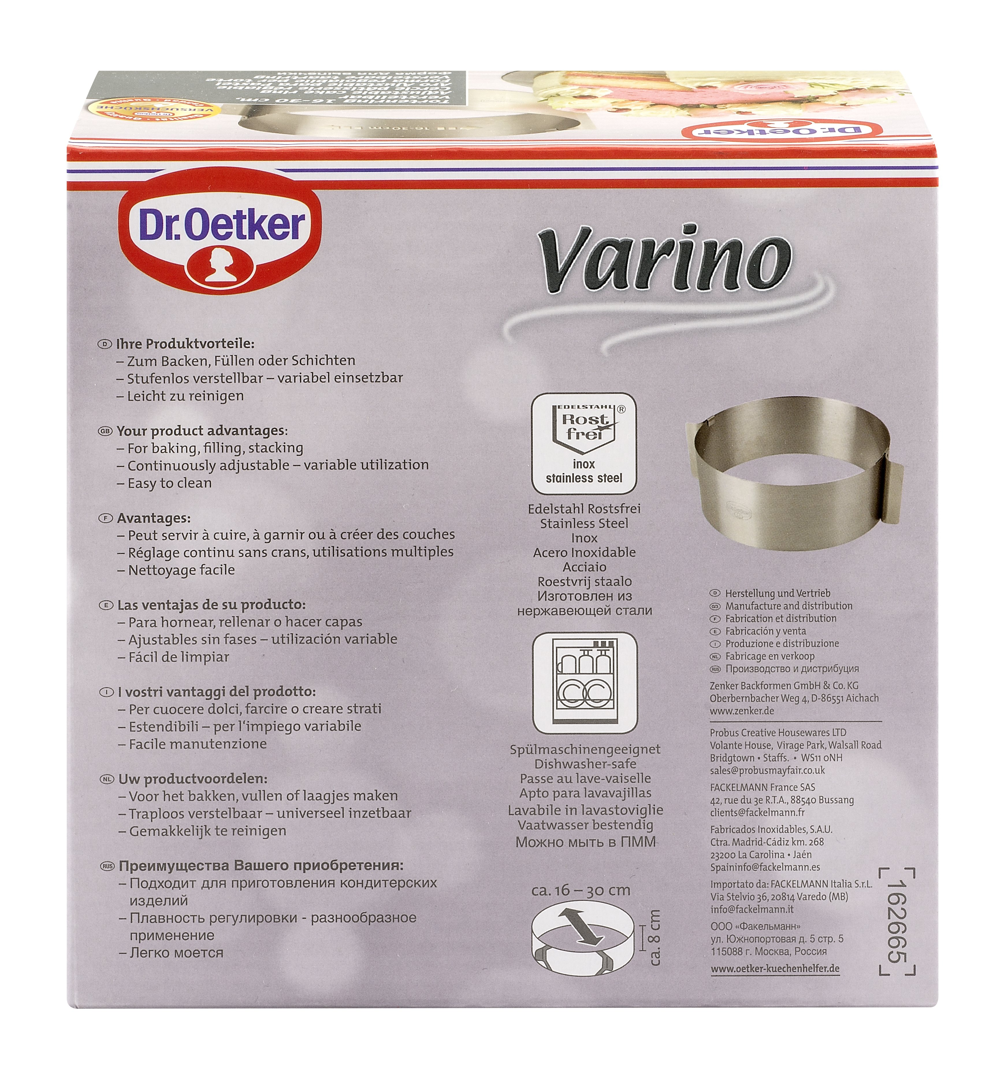 Dr. Oetker Kuchenring-Box. Textdetails: Edelstahl, zum Backen, Füllen und Schichten.