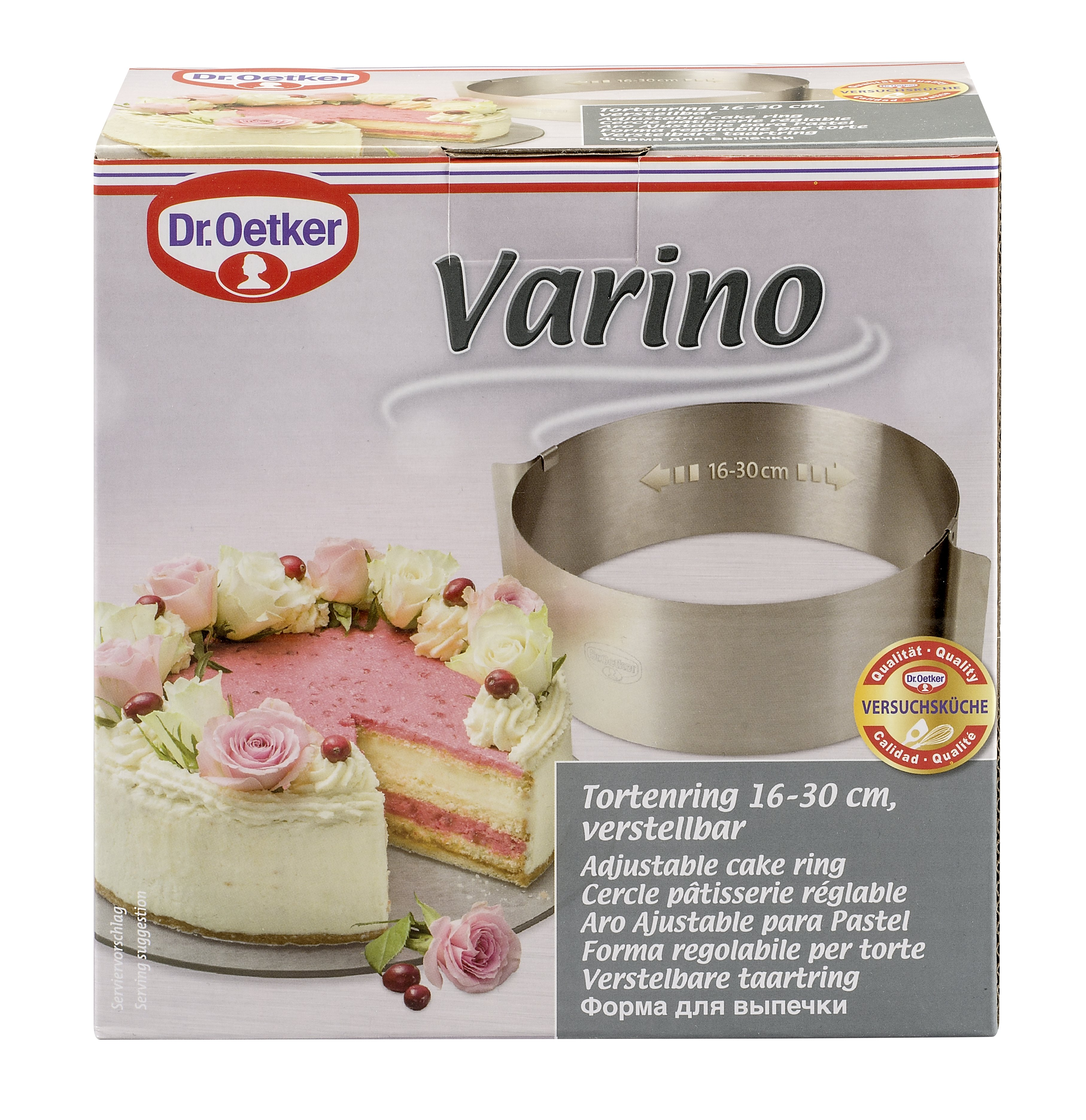 Die Produktbox für den Dr. Oetker Tortenring, mit einem Kuchen auf der linken Seite.