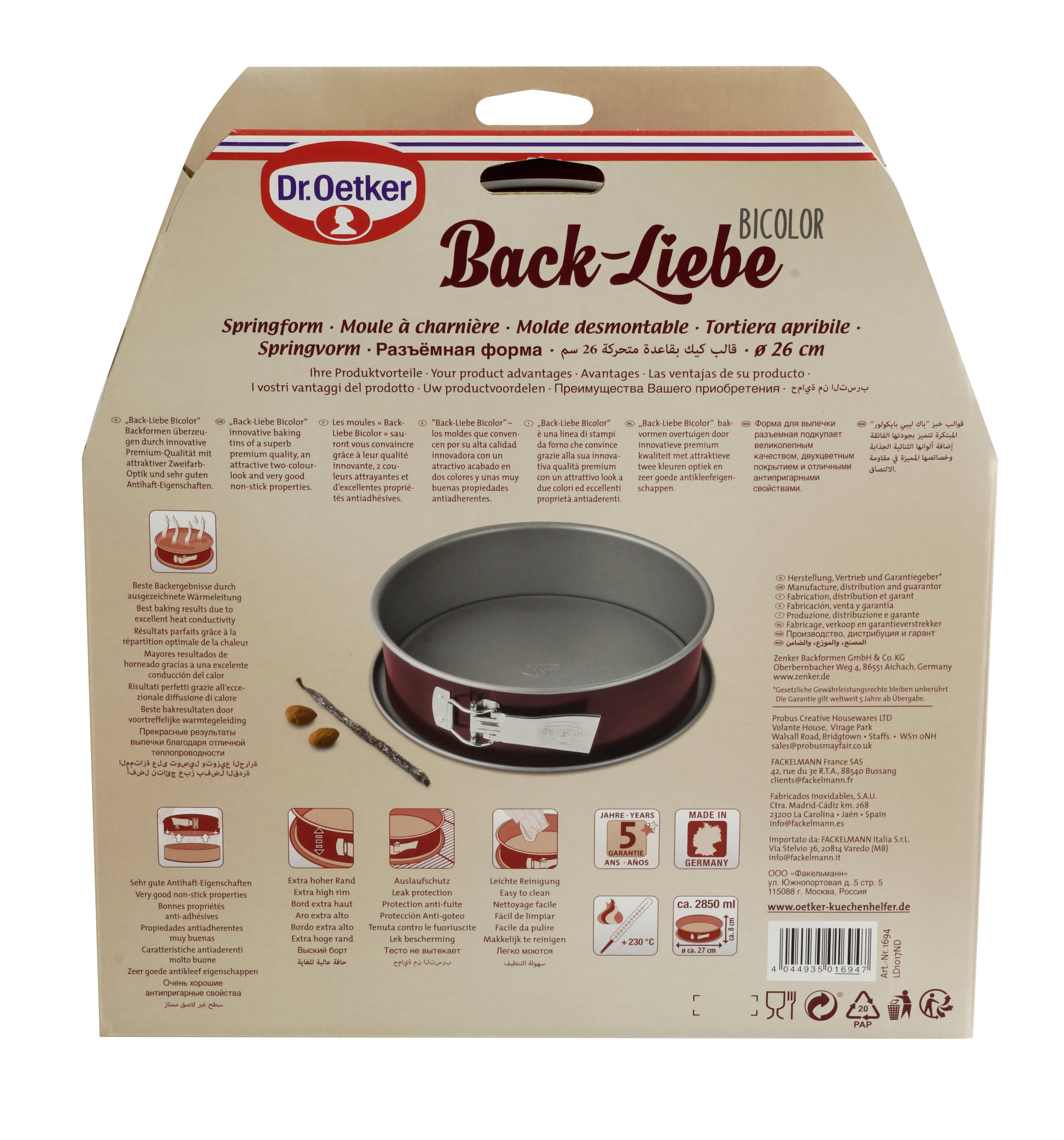 Dr. Oetker Back-Liebe Bicolor Springform-Verpackung. Rote Pfanne und Zutaten an der Seite.