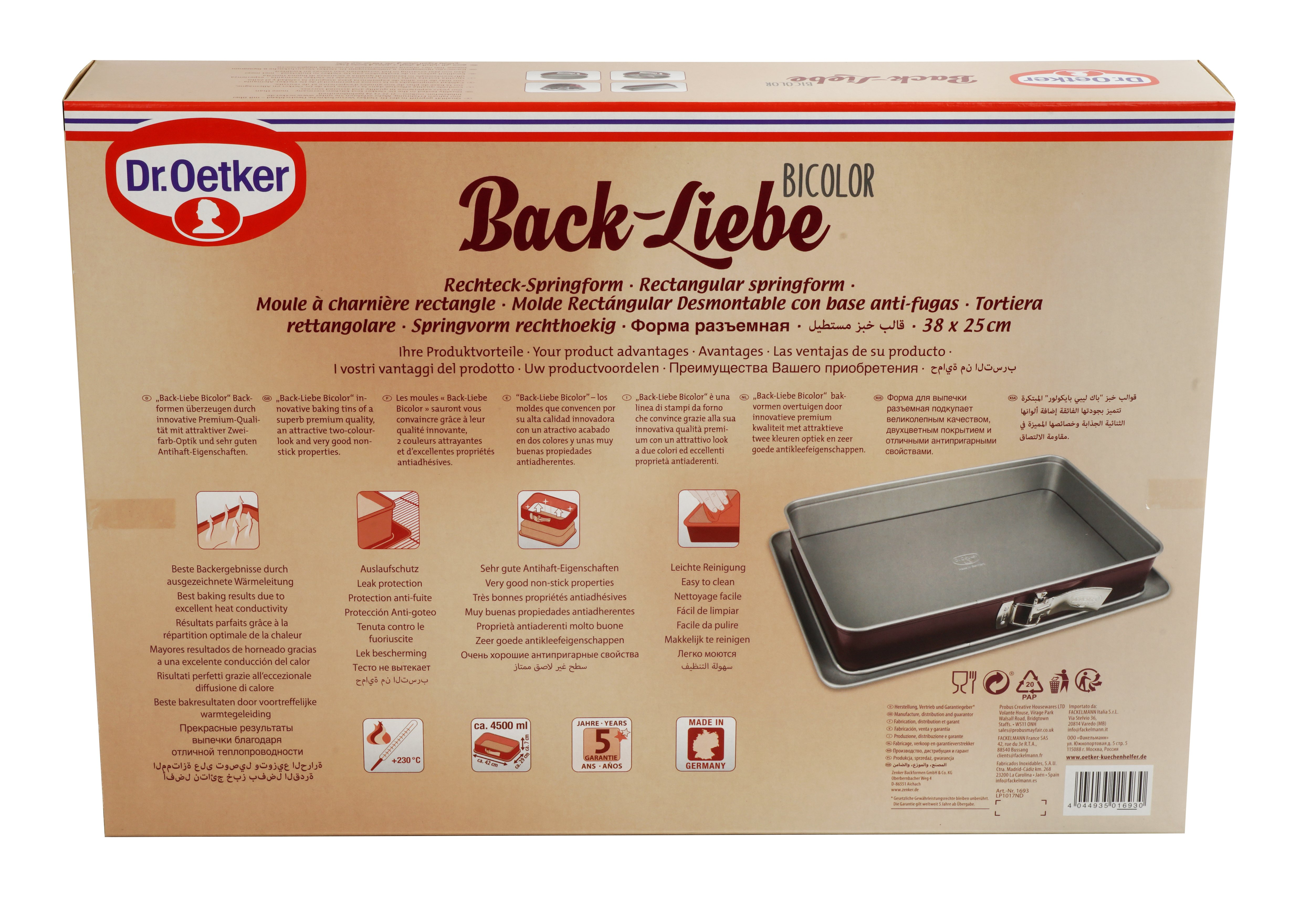 Rückseite einer rechteckigen Backform-Box mit Text und Bildern des Produkts.