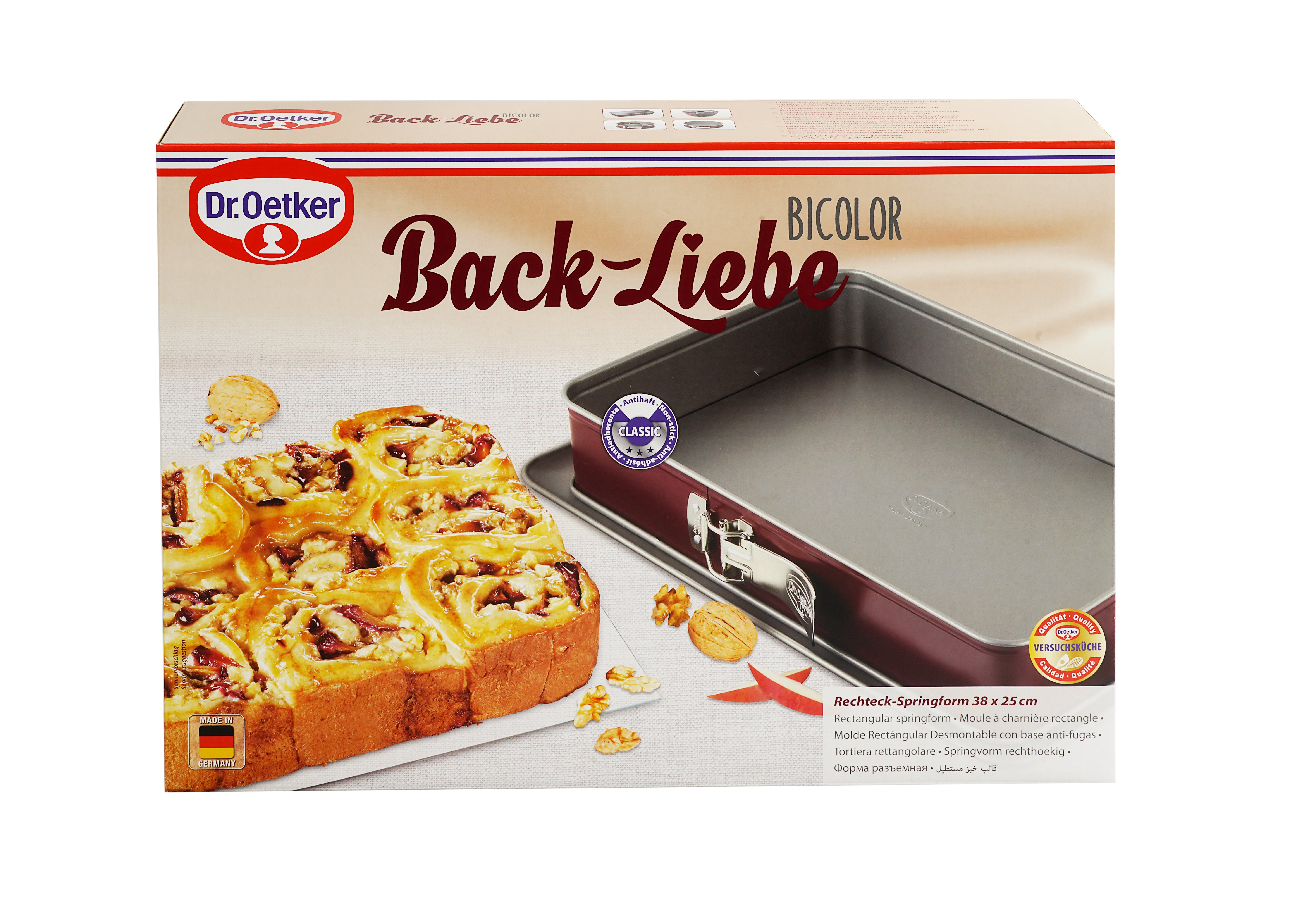 Dr. Oetker Back-Liebe Bicolor Kuchenform-Box mit Kuchen.