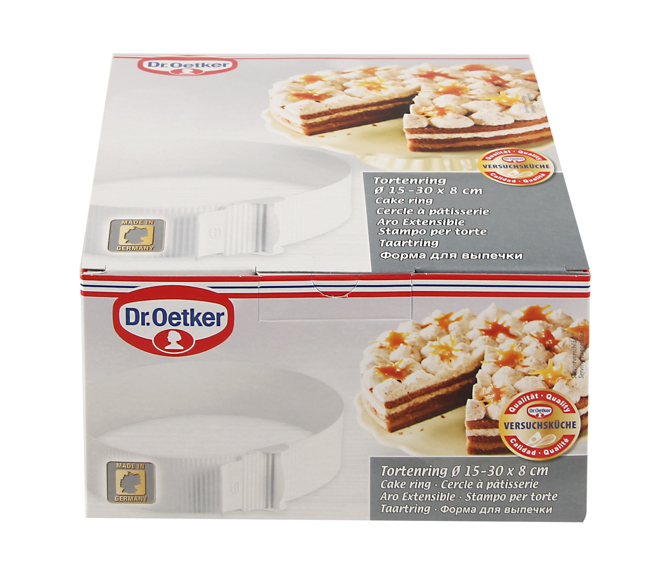 Eine Dr. Oetker Tortenring-Schachtel ist sichtbar. Sie zeigt einen Kuchen mit Sahne und Karamell, hergestellt in Deutschland.
