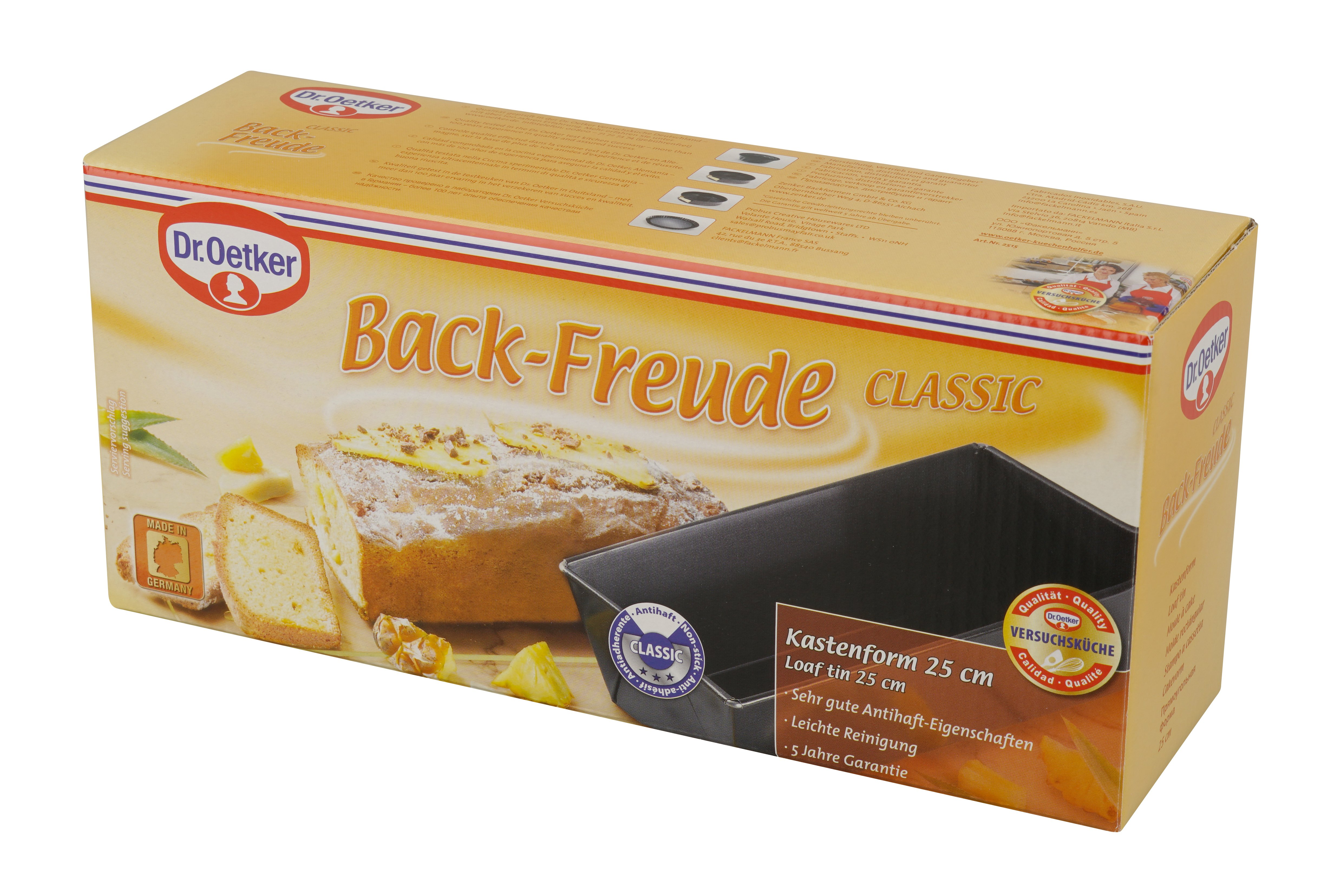 Schachtel mit Back-Freude Classic Kastenform. Auf der Schachtel ist ein Kuchen abgebildet.