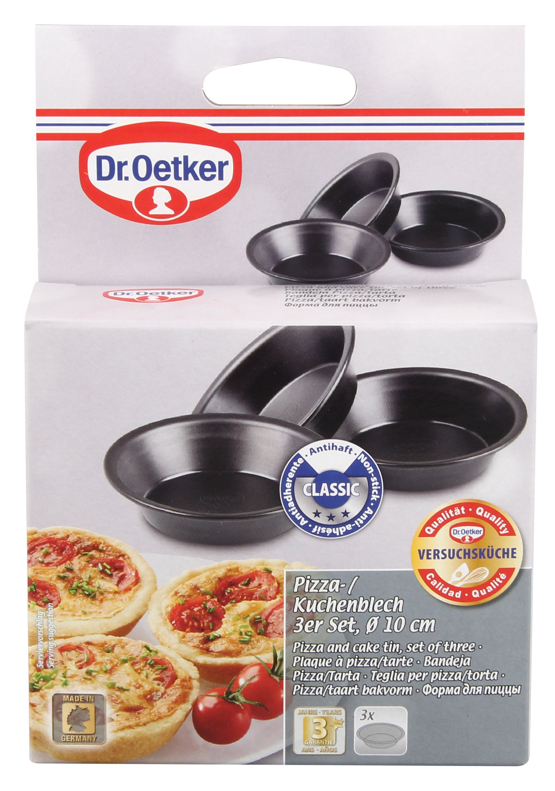 Eine Schachtel mit Dr. Oetker Pizza-/Kuchenformen und Mini-Pizzen. Text enthält 'Non-stick'.