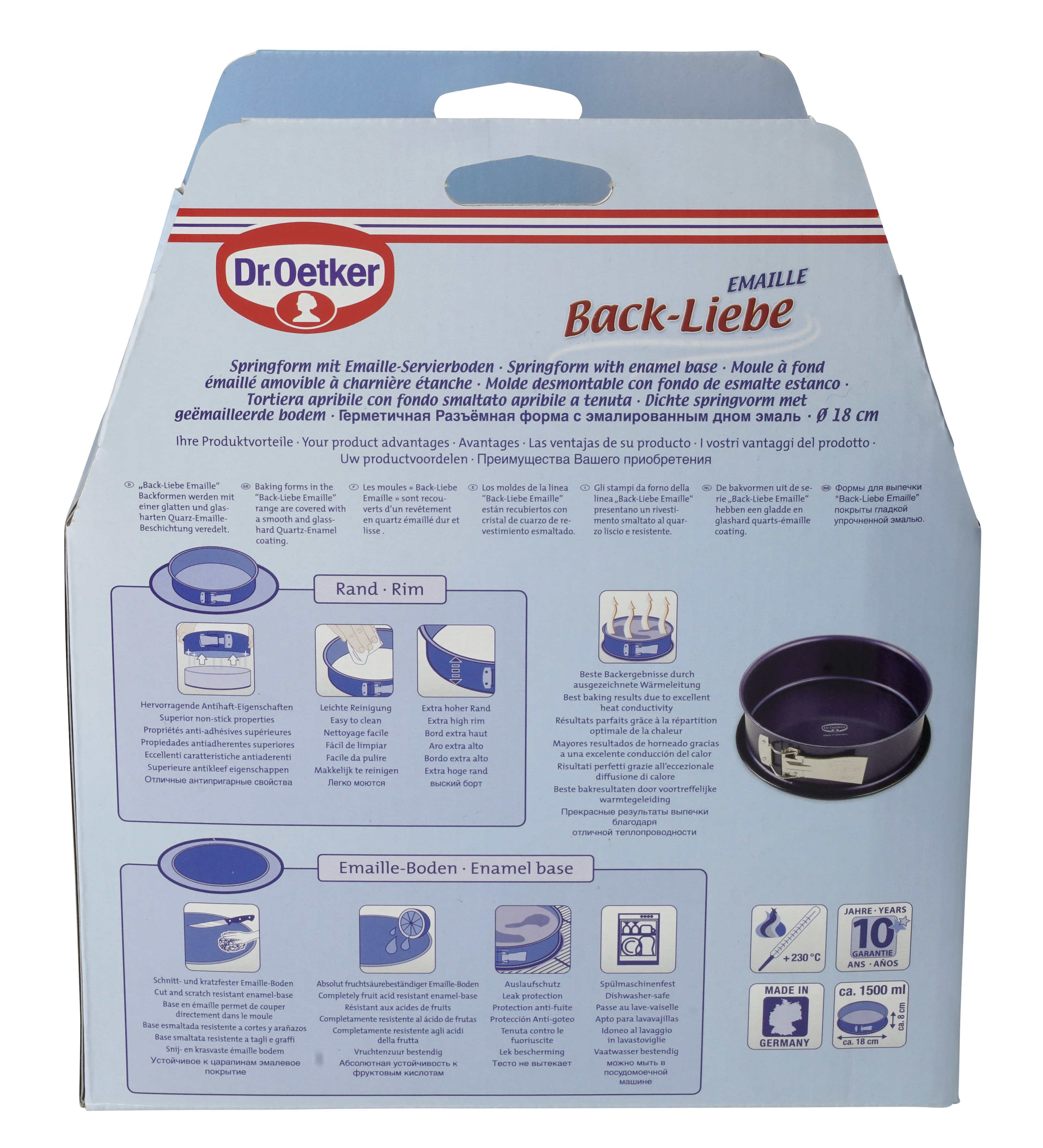 Eine Backform-Box mit Text in mehreren Sprachen und Bildern von Pfannen.