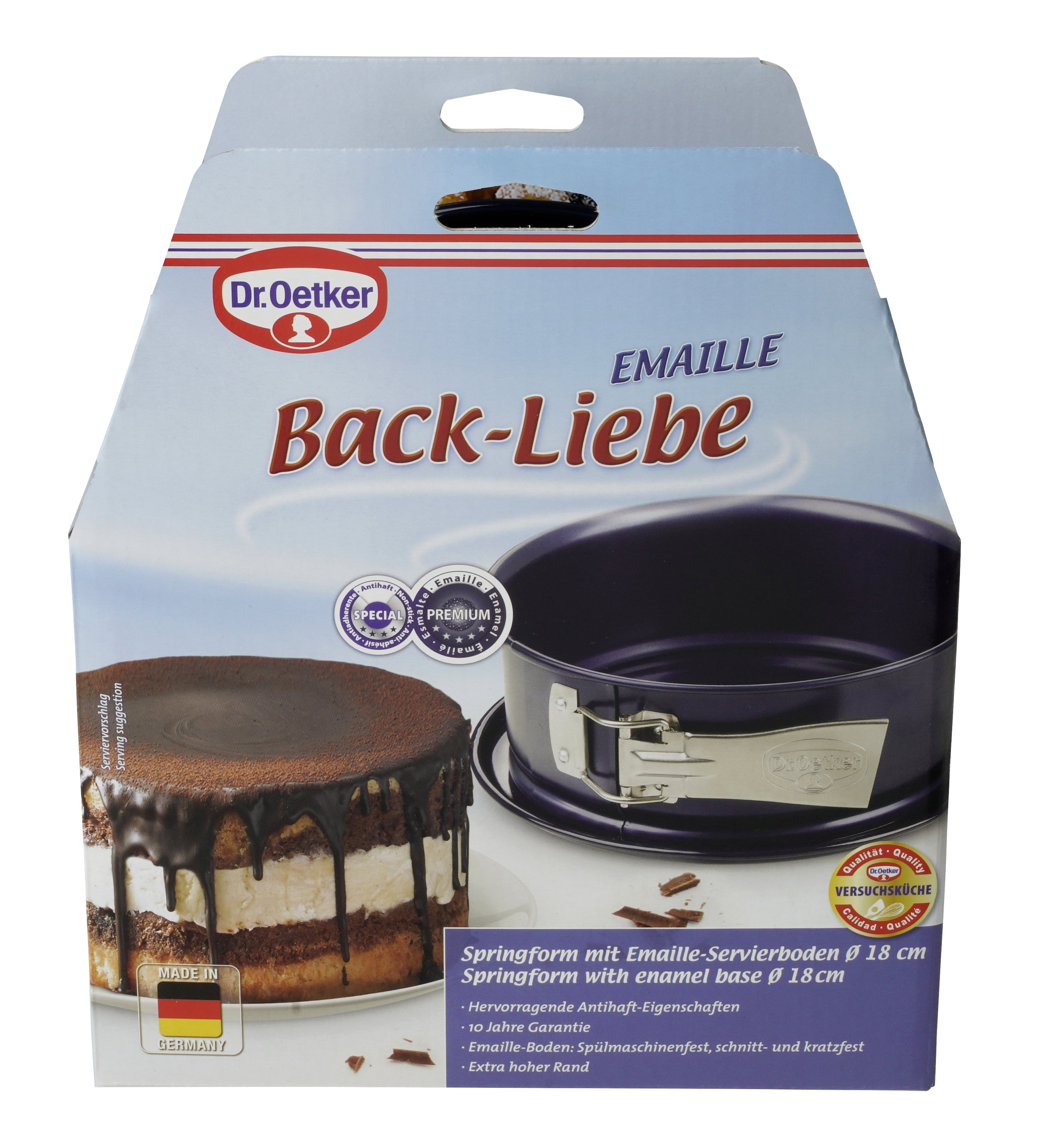 Kuchen in einer Springform, mit einer Box, die die Form und einen Kuchen zeigt.