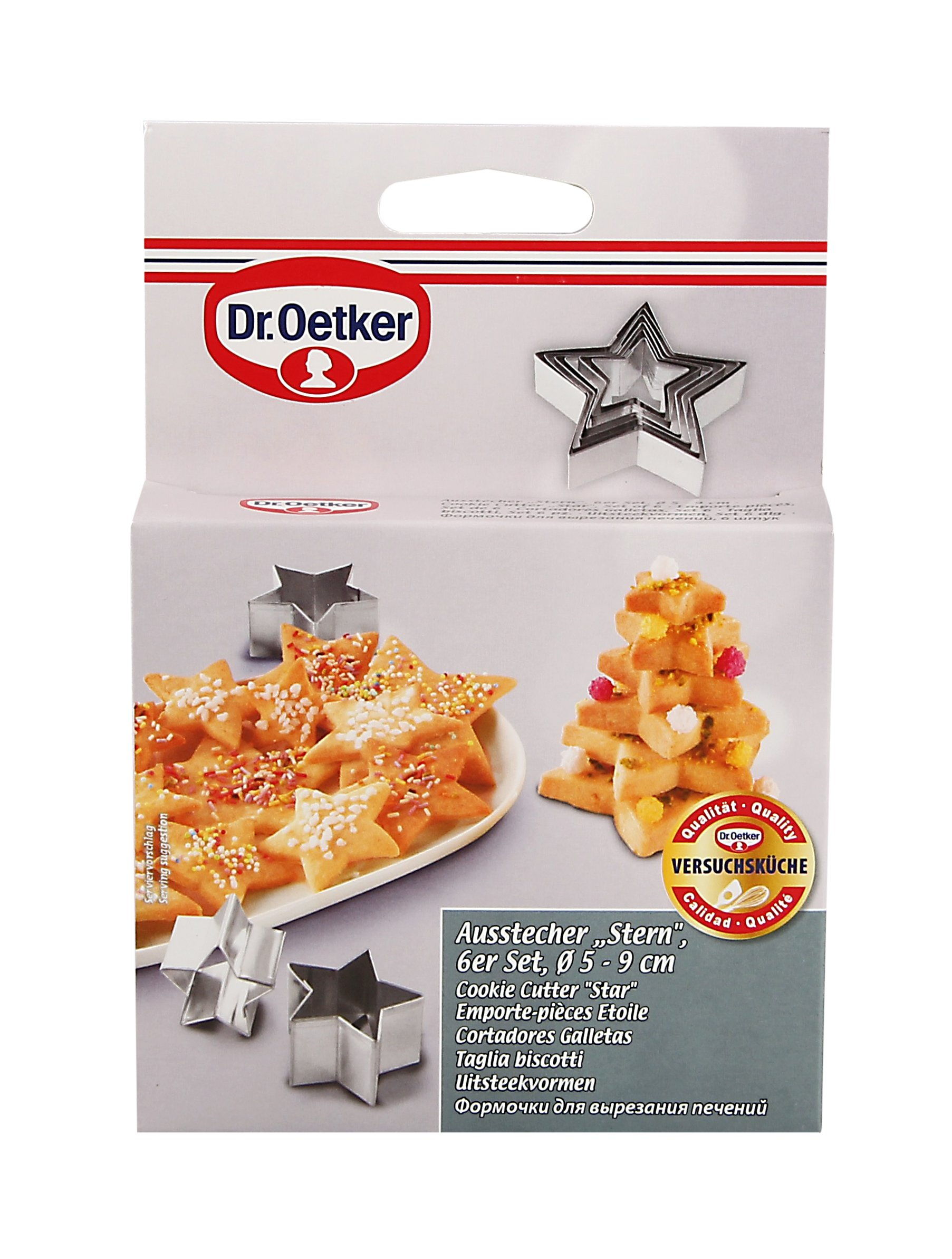 Dr. Oetker Keksausstecher Stern 6er-Set Verpackung mit Bildern von gebackenen Sternenplätzchen.