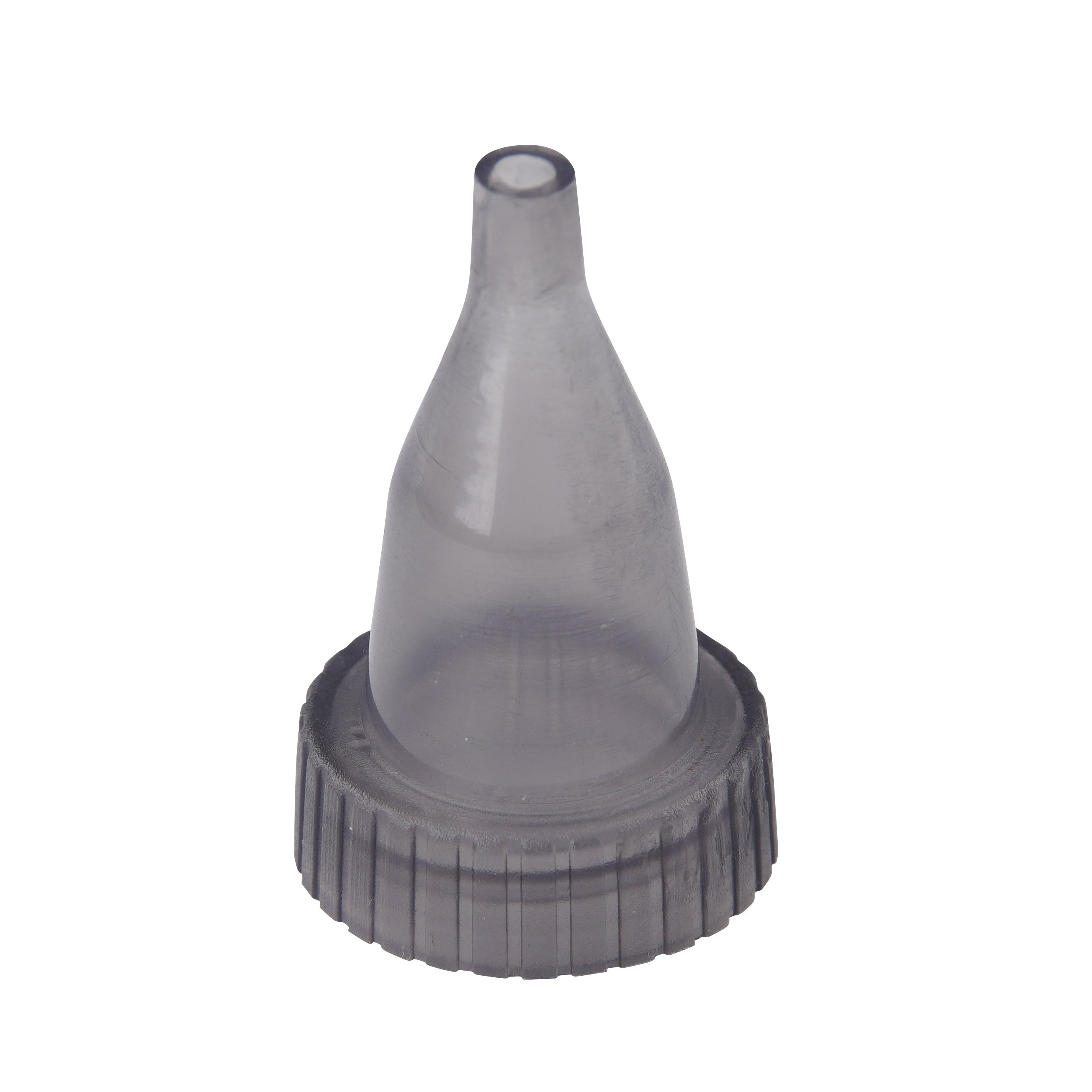 Ein klarer, grauer Schnuller für eine Babyflasche mit geriffeltem, grauem Sockel.