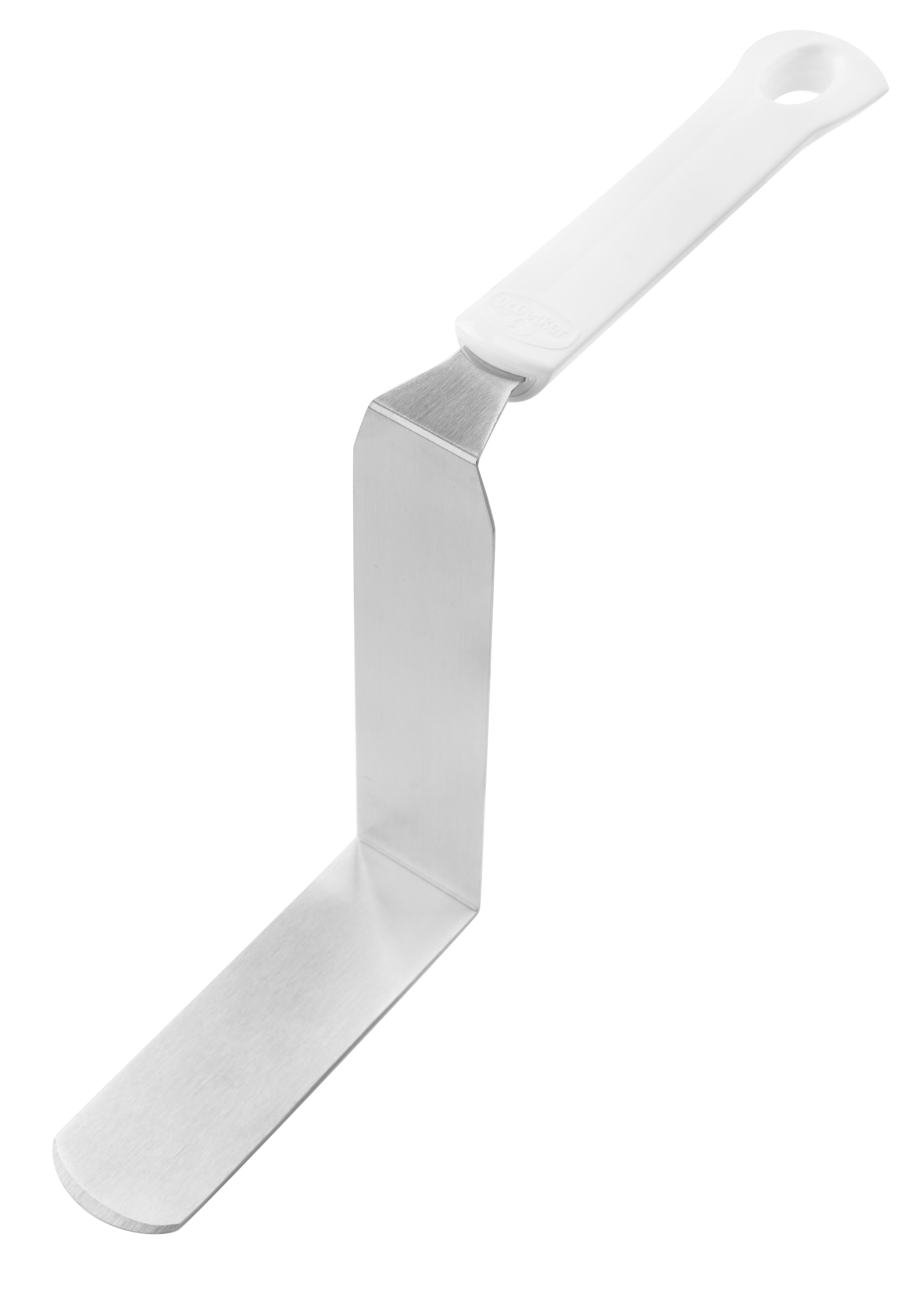 Metall-Offset-Spatel mit weißem Griff. Abgewinkeltes Klingendesign.