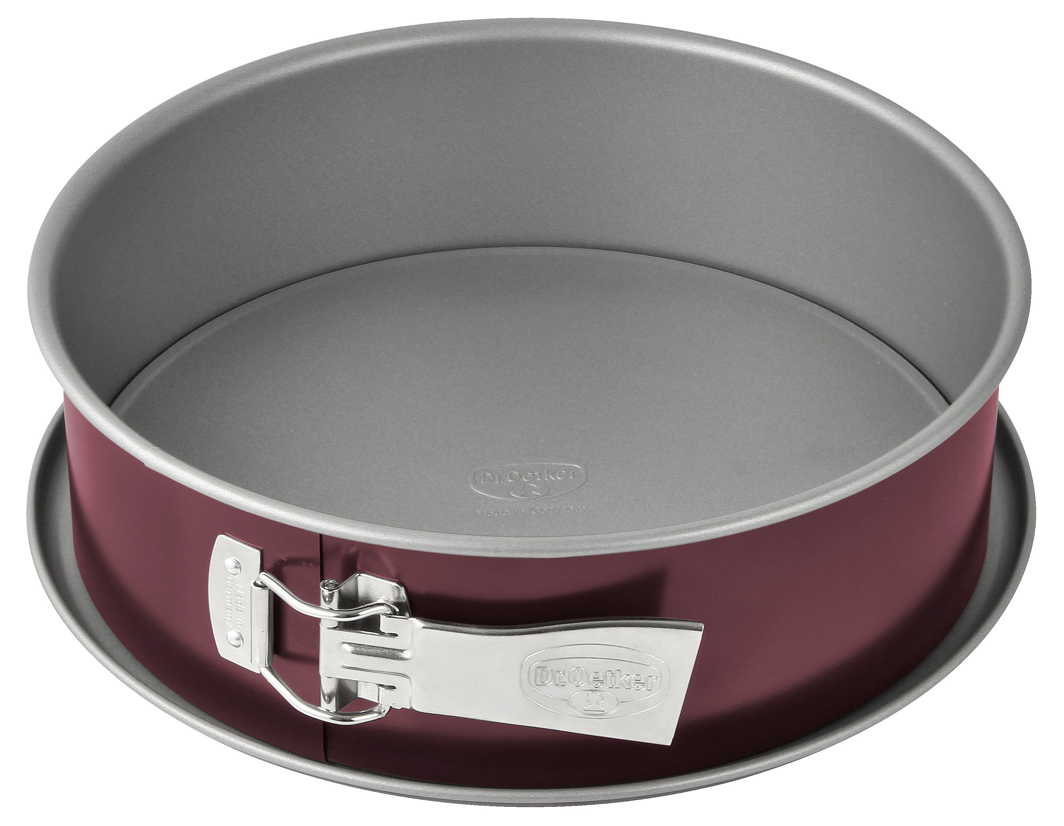 Rote und graue Springform. Metallverschluss an der Seite. Runde Form. Marke Dr. Oetker.