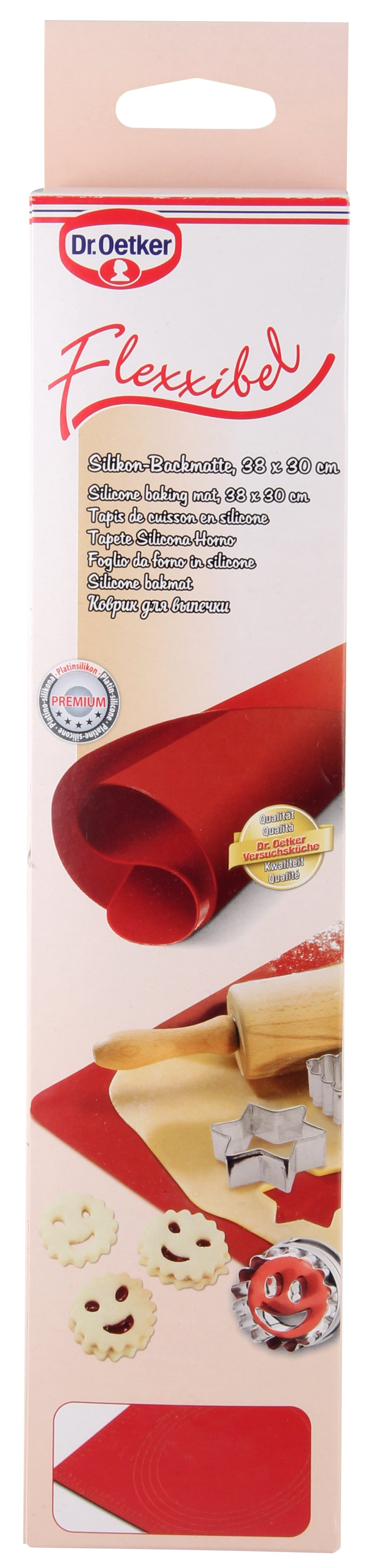 Eine Dr. Oetker Flexibel Silikon-Backmatte mit Nudelholz und Keksen.