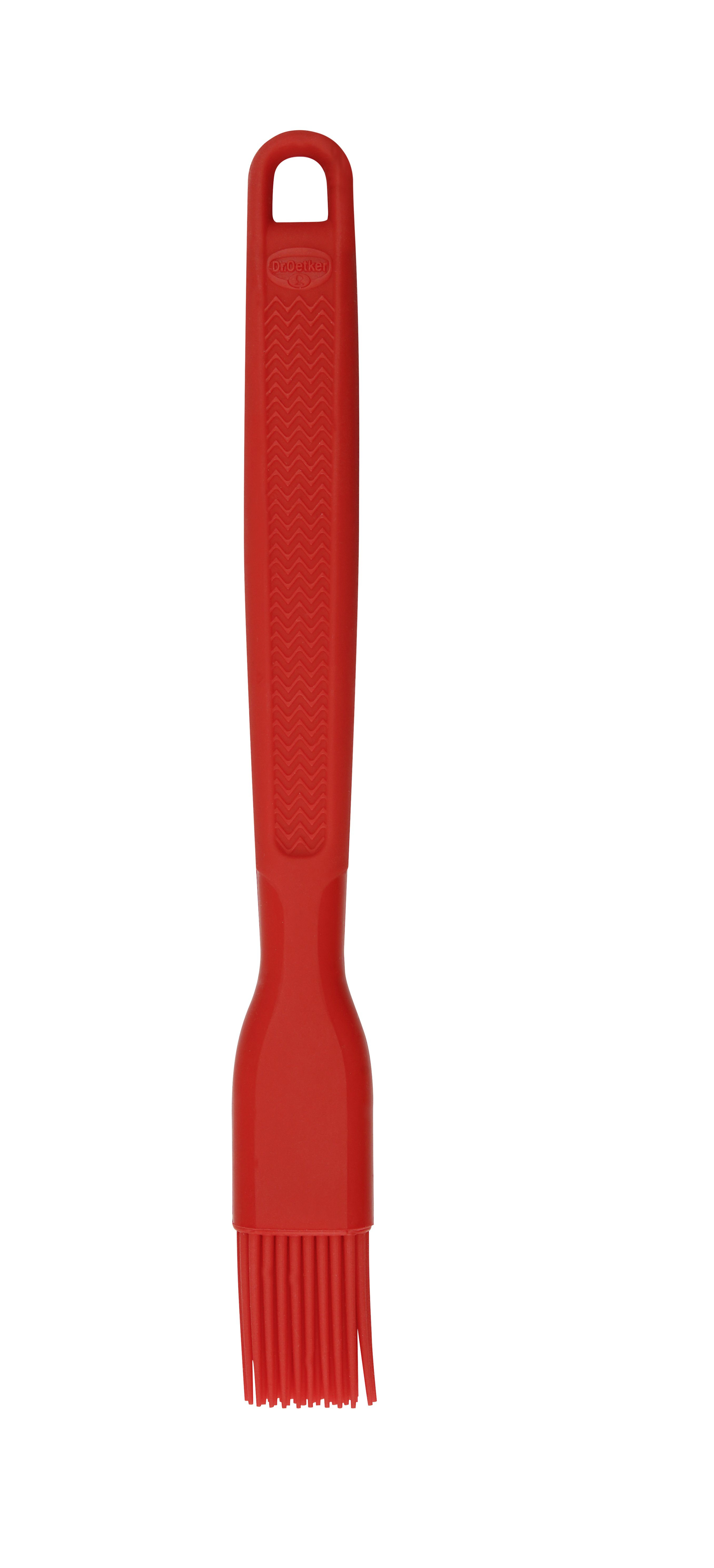 Ein roter Silikon-Gebäckpinsel mit langem Griff auf weißem Hintergrund.