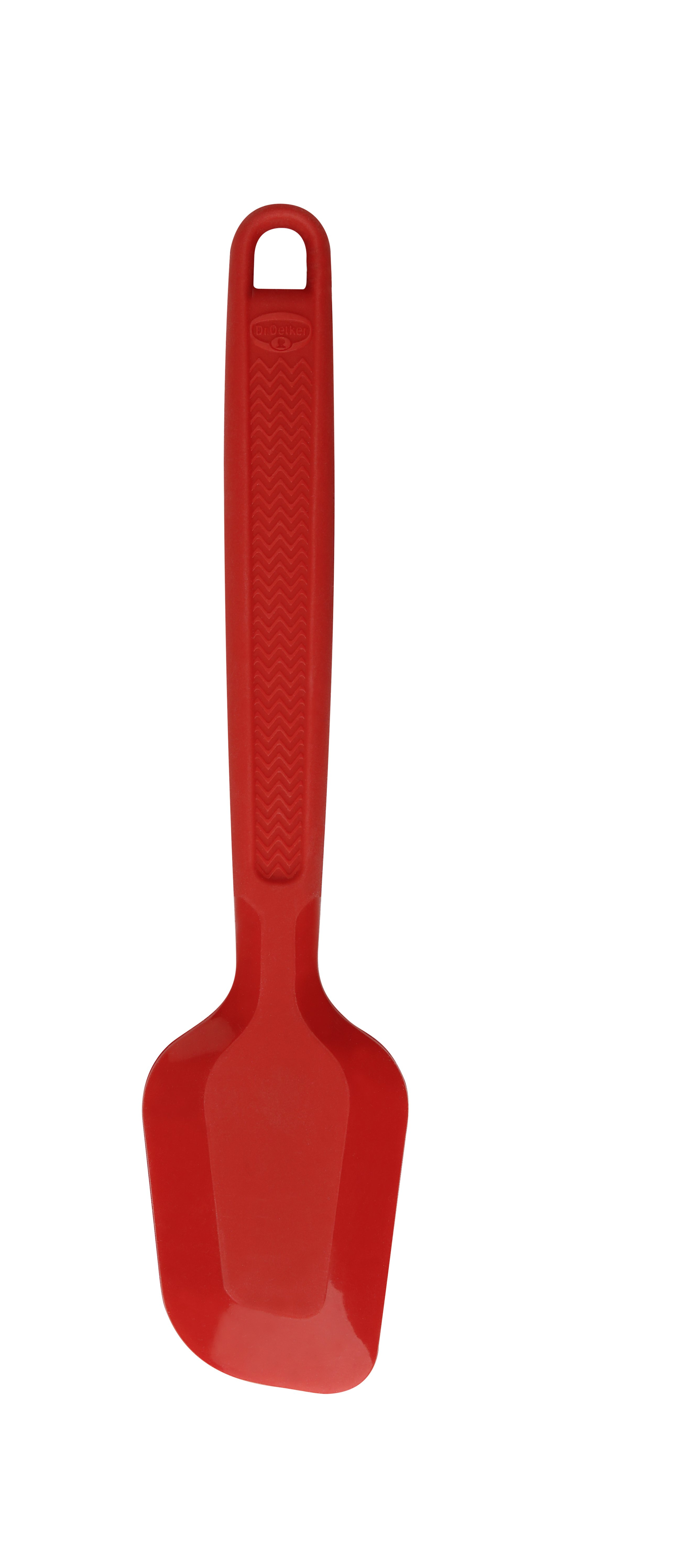 Roter Spatel auf weißem Hintergrund. Er hat einen Griff mit strukturiertem Design.