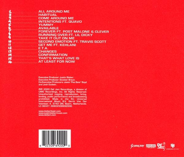 Pochette d'album rouge avec titres de chansons et crédits. Texte blanc sur fond rouge.
