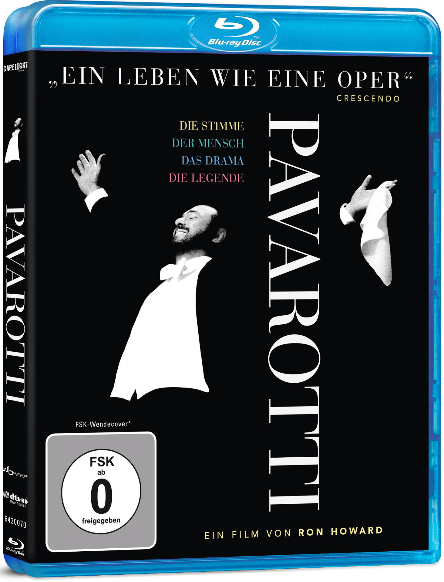 Blu-ray-Cover mit Pavarotti. Mann im Smoking auf schwarzem Hintergrund. Textüberlagerungen.