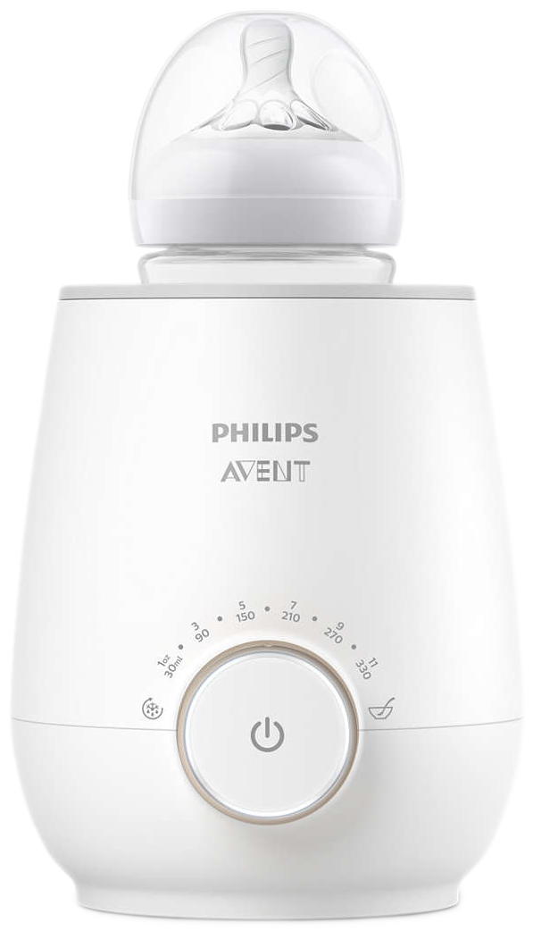 Chauffe-biberon blanc avec biberon et panneau de contrôle.
