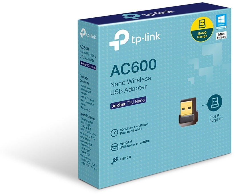 Box of a TP-Link AC600 Nano Wireless USB Adapter with text and images.