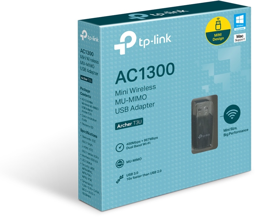 AC1300 Mini Wireless USB Adapter box. Text and product info.