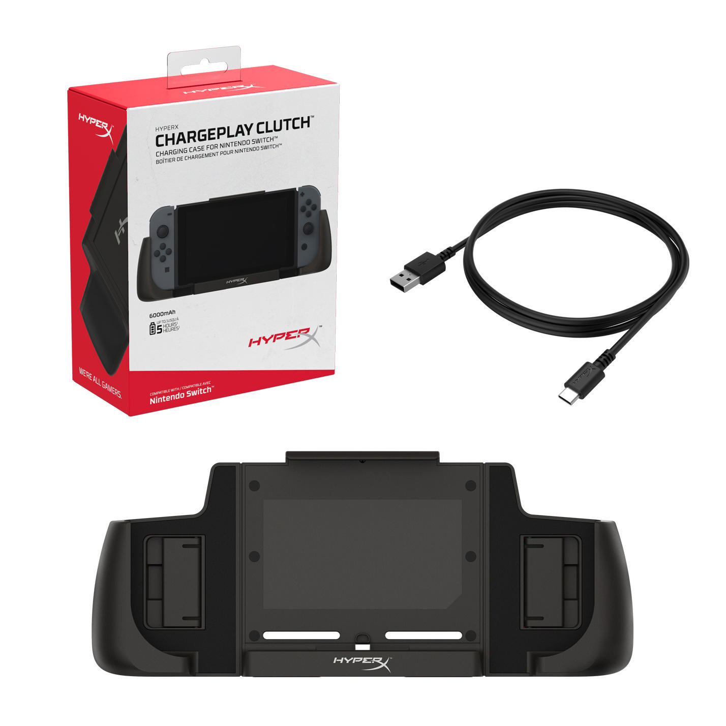 HyperX ChargePlay Clutch Box, Nintendo Switch, Controller und ein USB-Kabel.