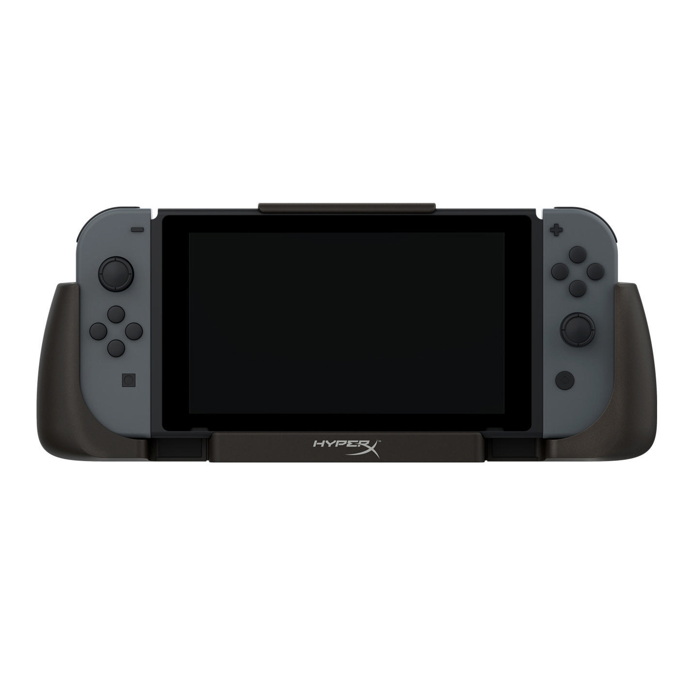 Eine Nintendo Switch Konsole in einem HyperX-Griff. Graue Konsole, schwarzer Griff.