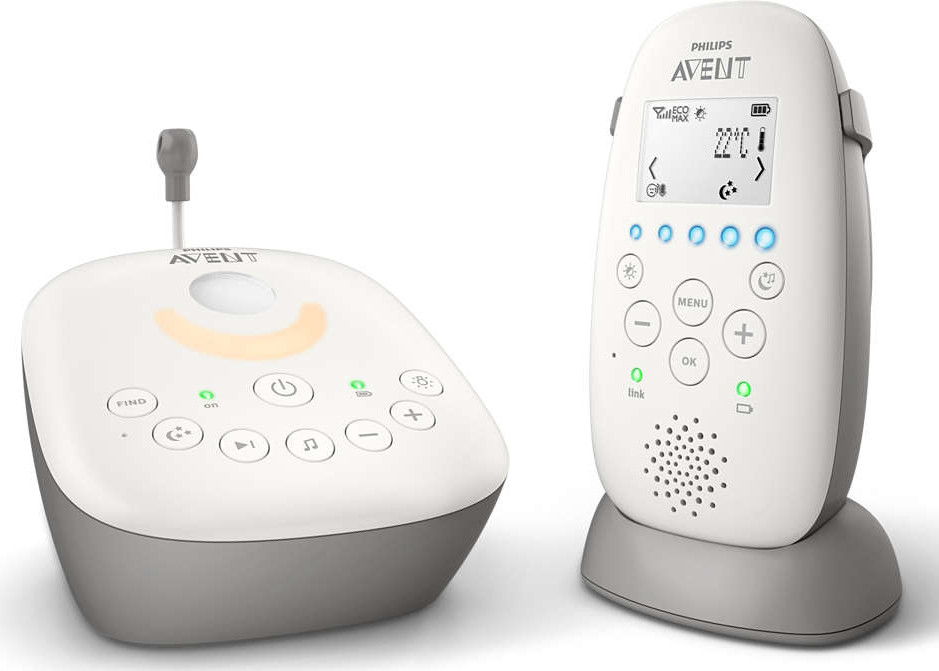 Babyphone blanc et gris. Un émetteur à gauche et un récepteur à droite.