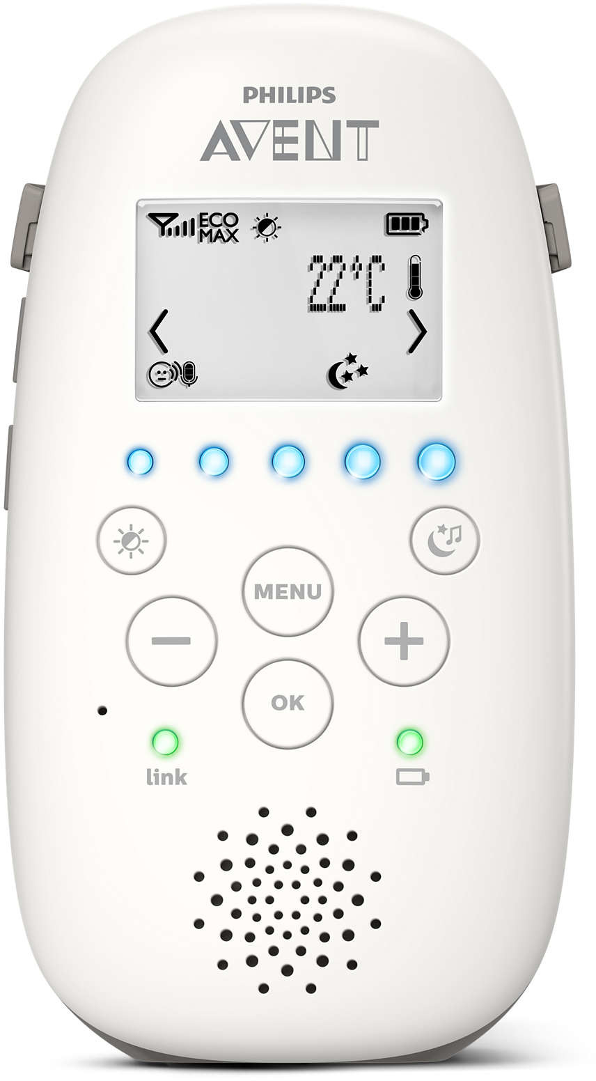 Un babyphone Philips AVENT blanc avec un écran et des boutons de commande.