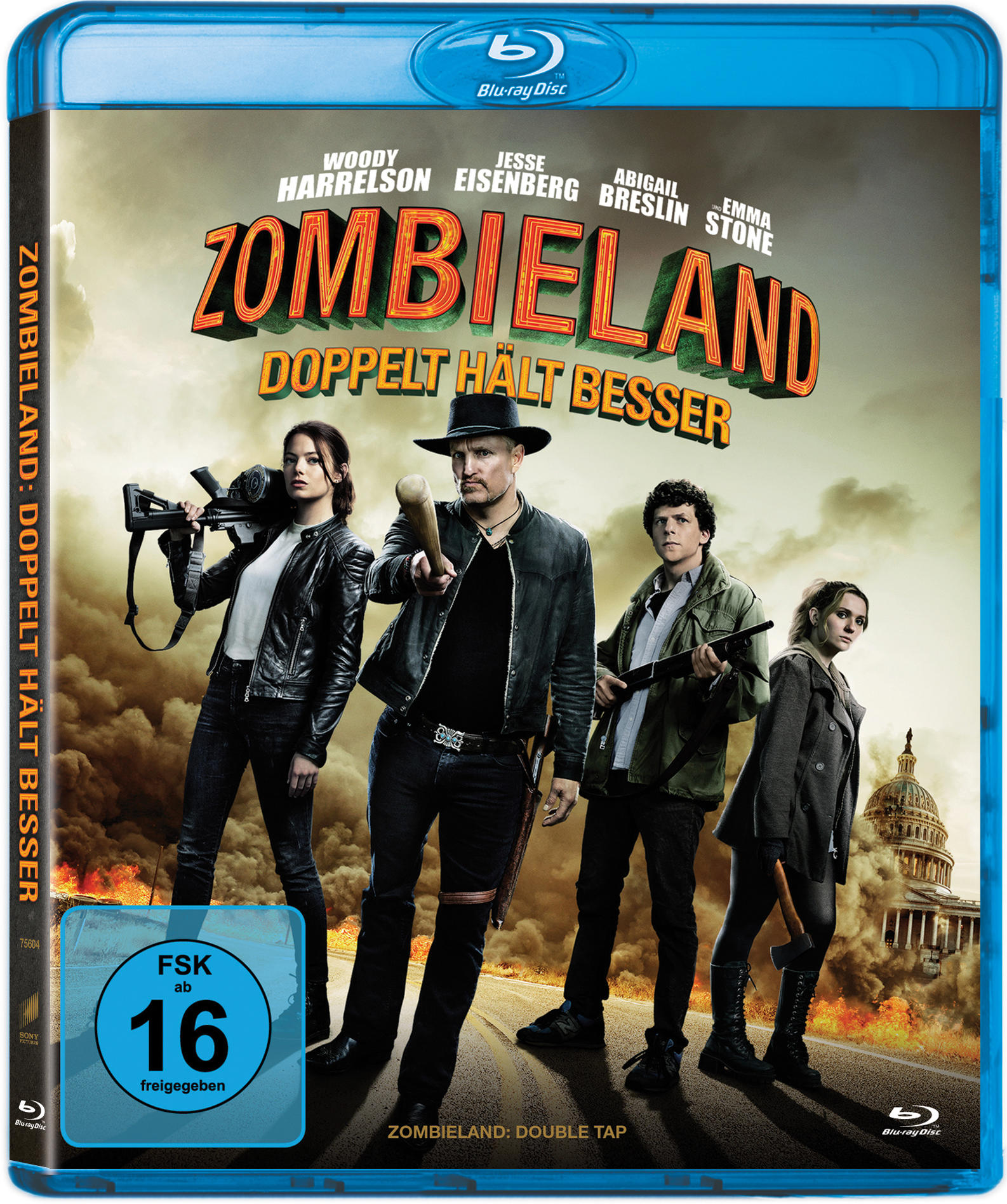 Zombieland-Filmcover mit Schauspielern, die Waffen halten.