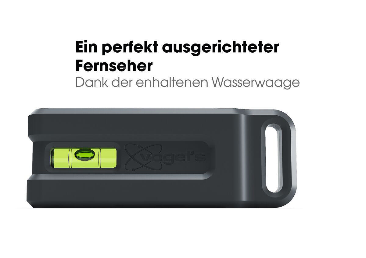 Eine schwarze Wasserwaage mit einer grünen Blase. Text oben: 'Ein perfekt ausgerichteter Fernseher'.